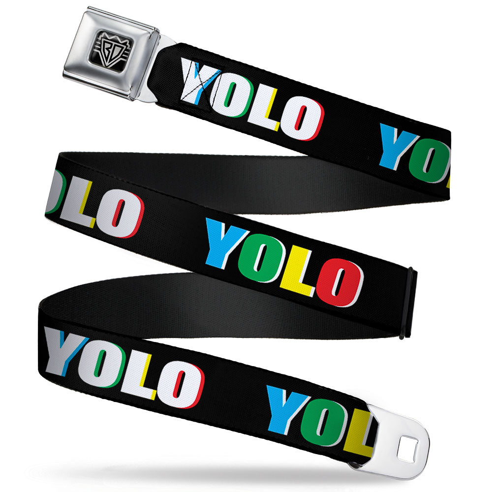 BD Wings Logo CLOSE-UP Full Color Black Silver Seatbelt Belt - YOLO Black/Multi Color Webbing Seatbelt Belts Buckle-Down