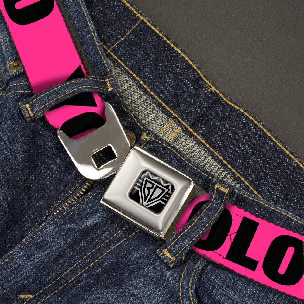 BD Wings Logo CLOSE-UP Full Color Black Silver Seatbelt Belt - YOLO Pink/Black Webbing Seatbelt Belts Buckle-Down