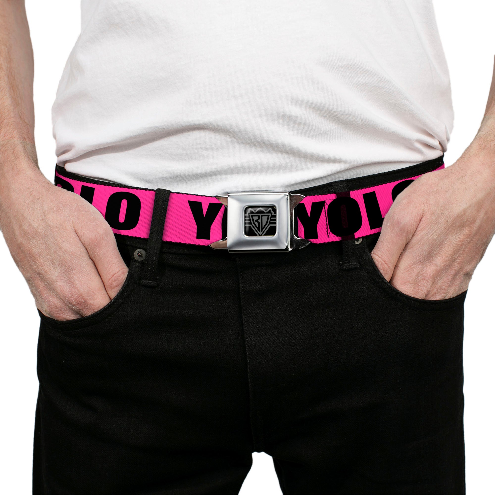 BD Wings Logo CLOSE-UP Full Color Black Silver Seatbelt Belt - YOLO Pink/Black Webbing Seatbelt Belts Buckle-Down