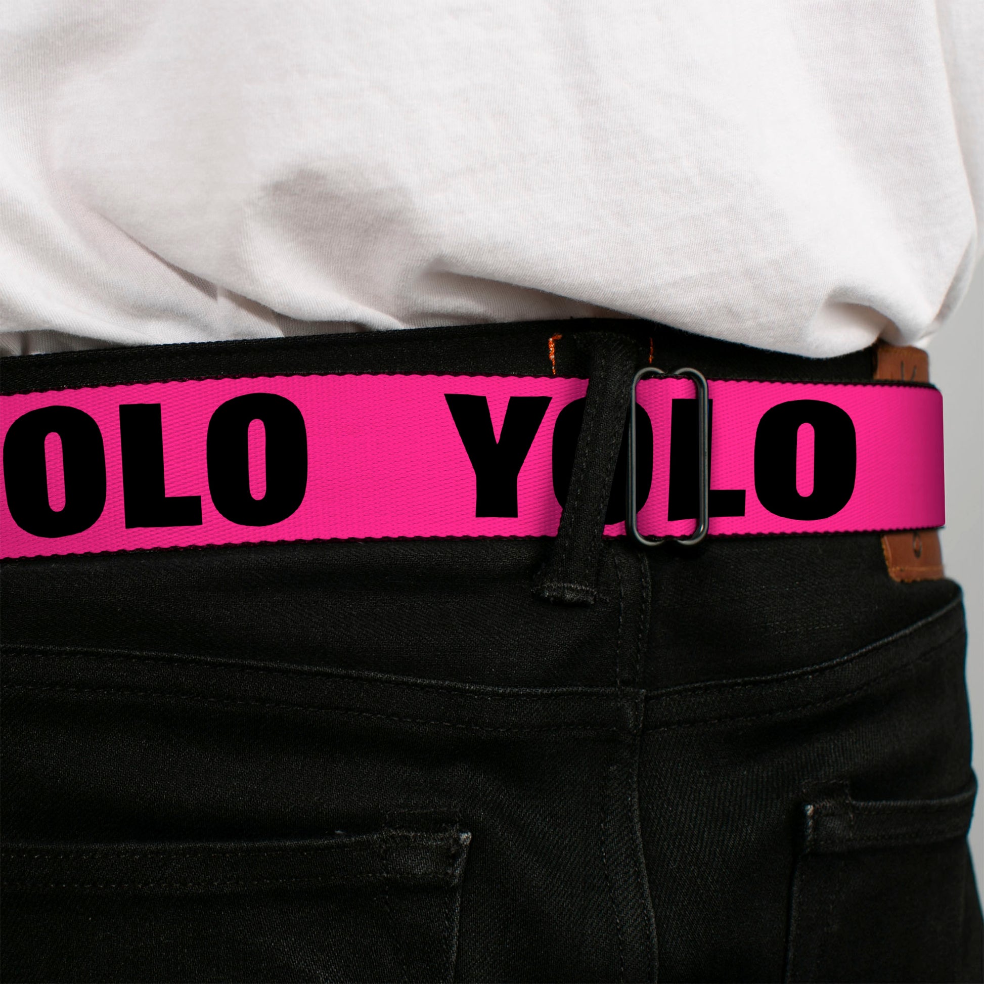 BD Wings Logo CLOSE-UP Full Color Black Silver Seatbelt Belt - YOLO Pink/Black Webbing Seatbelt Belts Buckle-Down