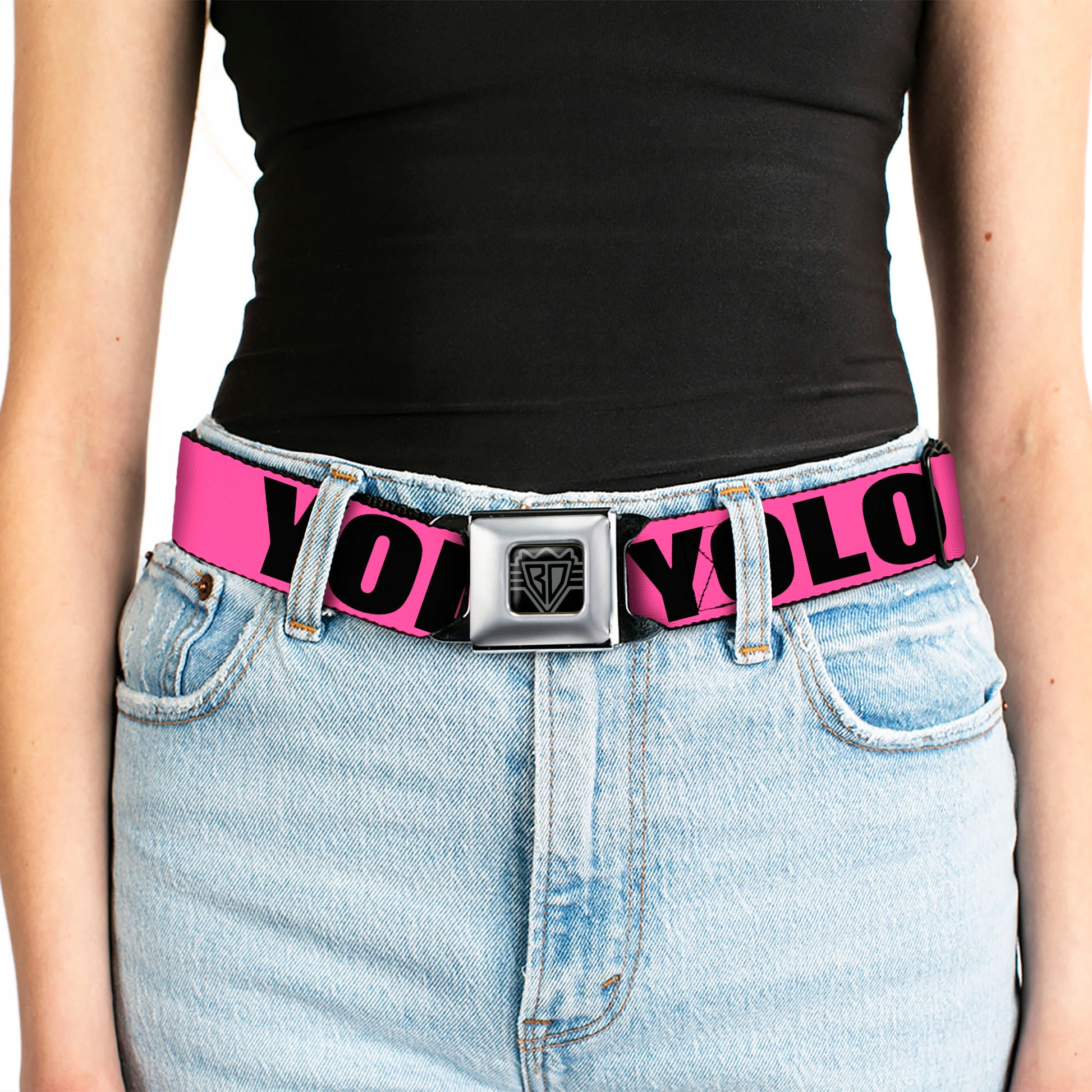 BD Wings Logo CLOSE-UP Full Color Black Silver Seatbelt Belt - YOLO Pink/Black Webbing Seatbelt Belts Buckle-Down