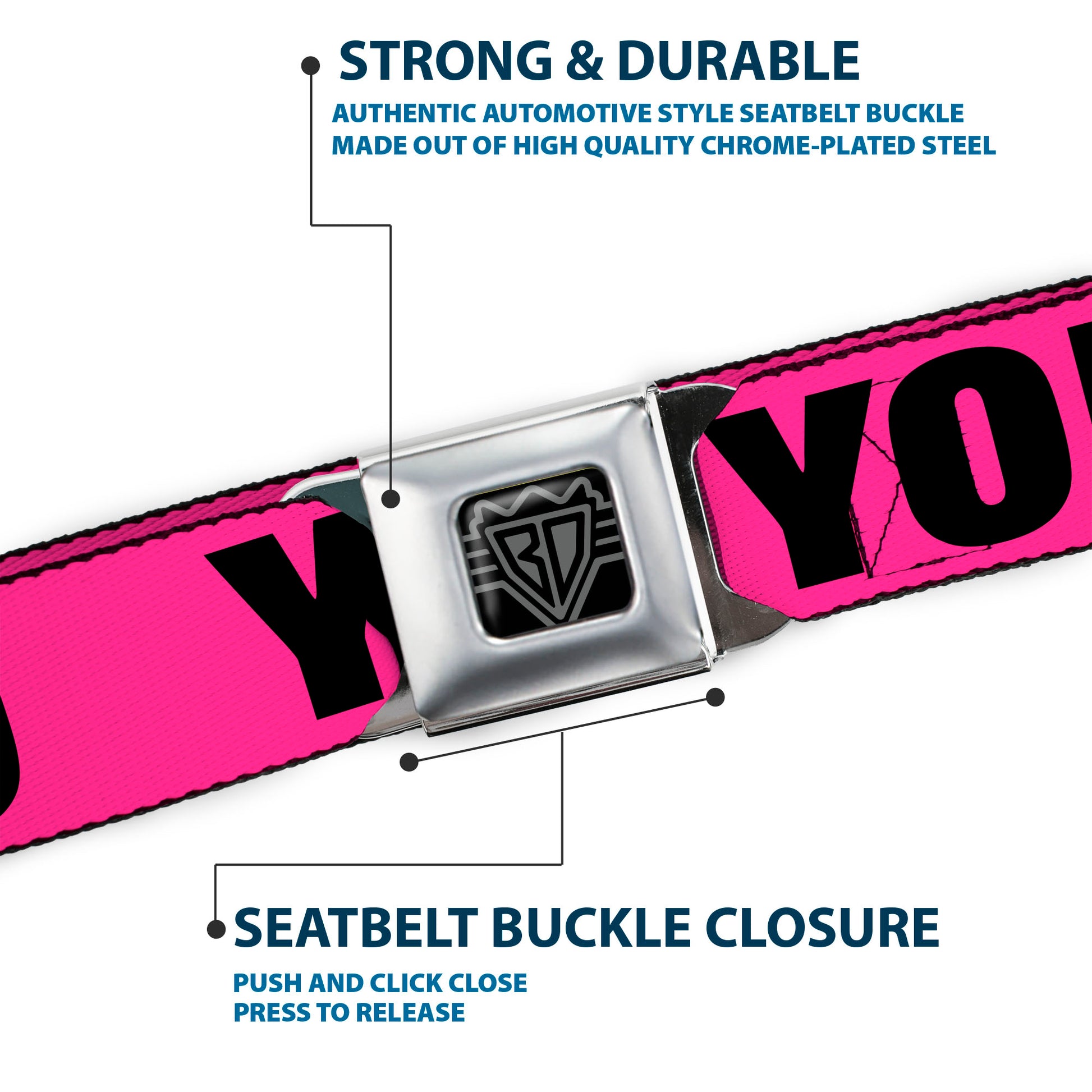 BD Wings Logo CLOSE-UP Full Color Black Silver Seatbelt Belt - YOLO Pink/Black Webbing Seatbelt Belts Buckle-Down