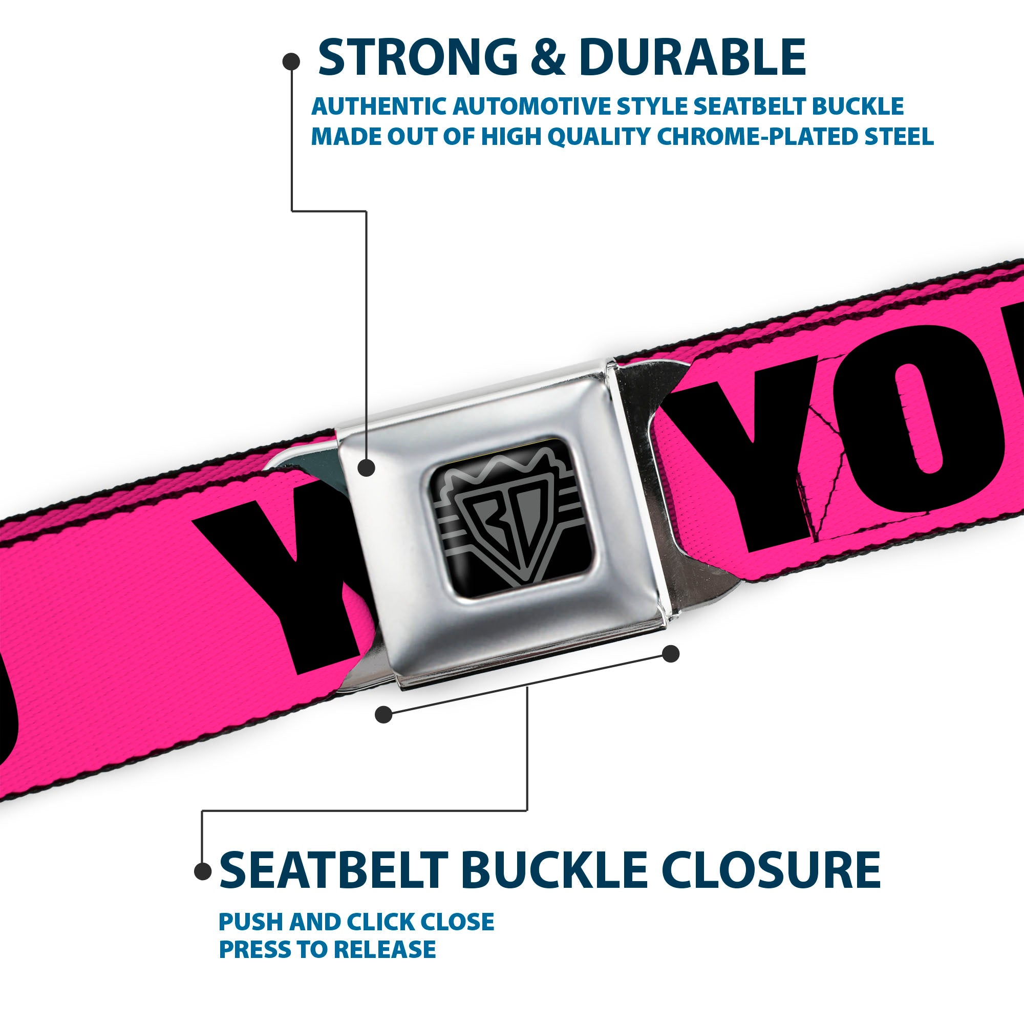 BD Wings Logo CLOSE-UP Full Color Black Silver Seatbelt Belt - YOLO Pink/Black Webbing Seatbelt Belts Buckle-Down