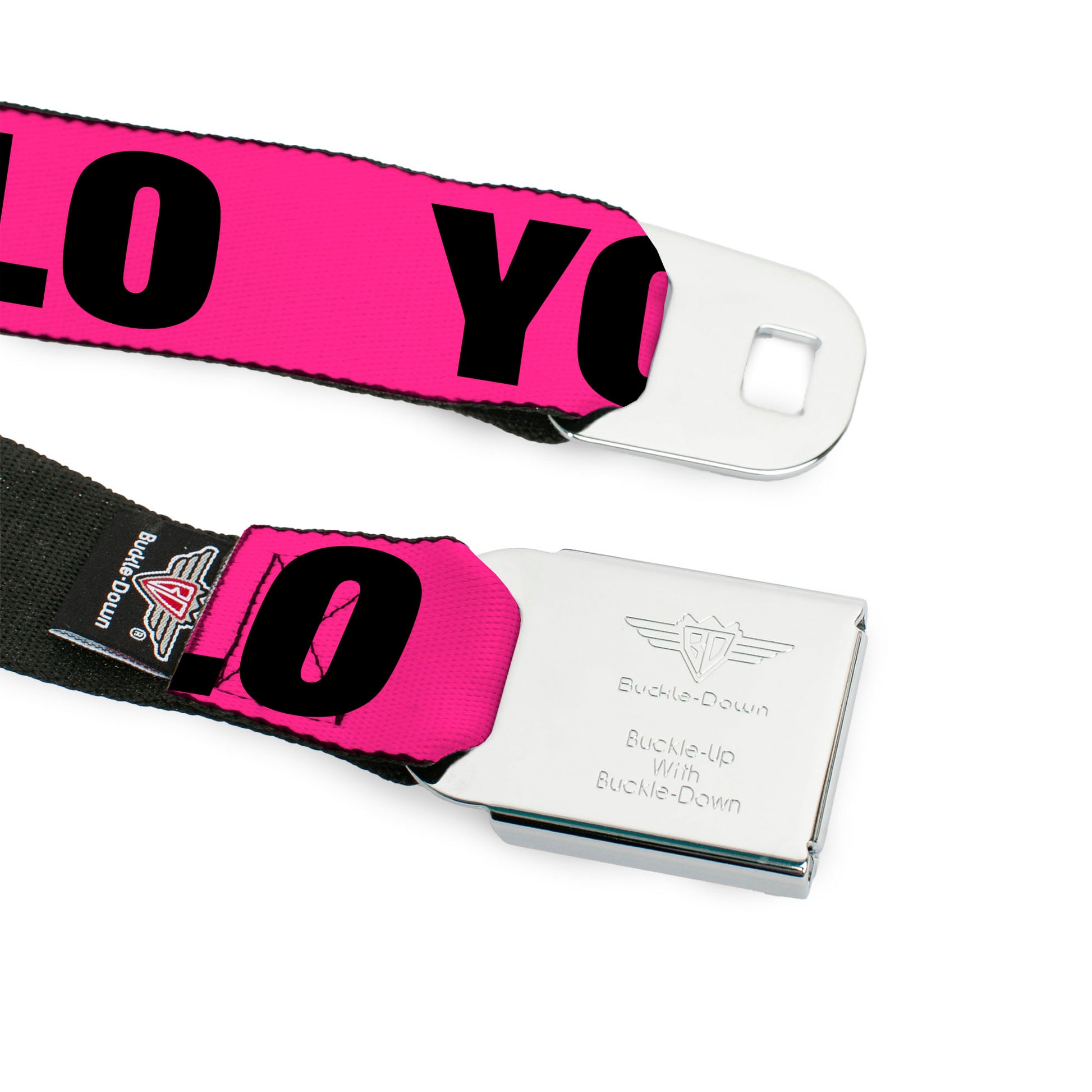 BD Wings Logo CLOSE-UP Full Color Black Silver Seatbelt Belt - YOLO Pink/Black Webbing Seatbelt Belts Buckle-Down