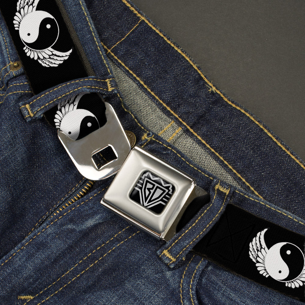 BD Wings Logo CLOSE-UP Full Color Black Silver Seatbelt Belt - Yin Yang w/Wings Black/White Webbing Seatbelt Belts Buckle-Down