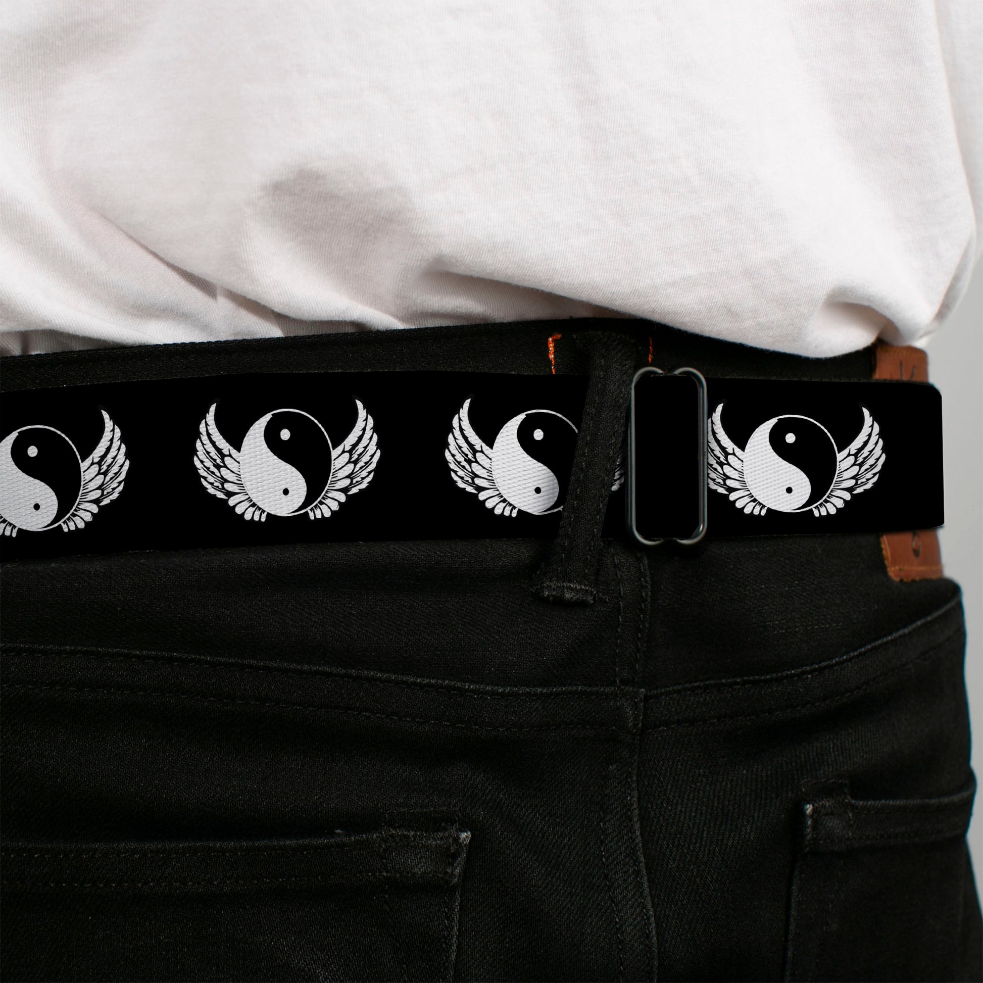 BD Wings Logo CLOSE-UP Full Color Black Silver Seatbelt Belt - Yin Yang w/Wings Black/White Webbing Seatbelt Belts Buckle-Down