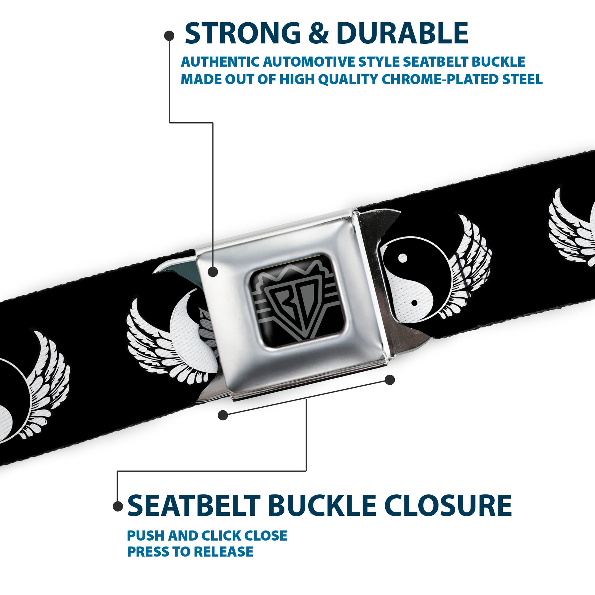 BD Wings Logo CLOSE-UP Full Color Black Silver Seatbelt Belt - Yin Yang w/Wings Black/White Webbing Seatbelt Belts Buckle-Down