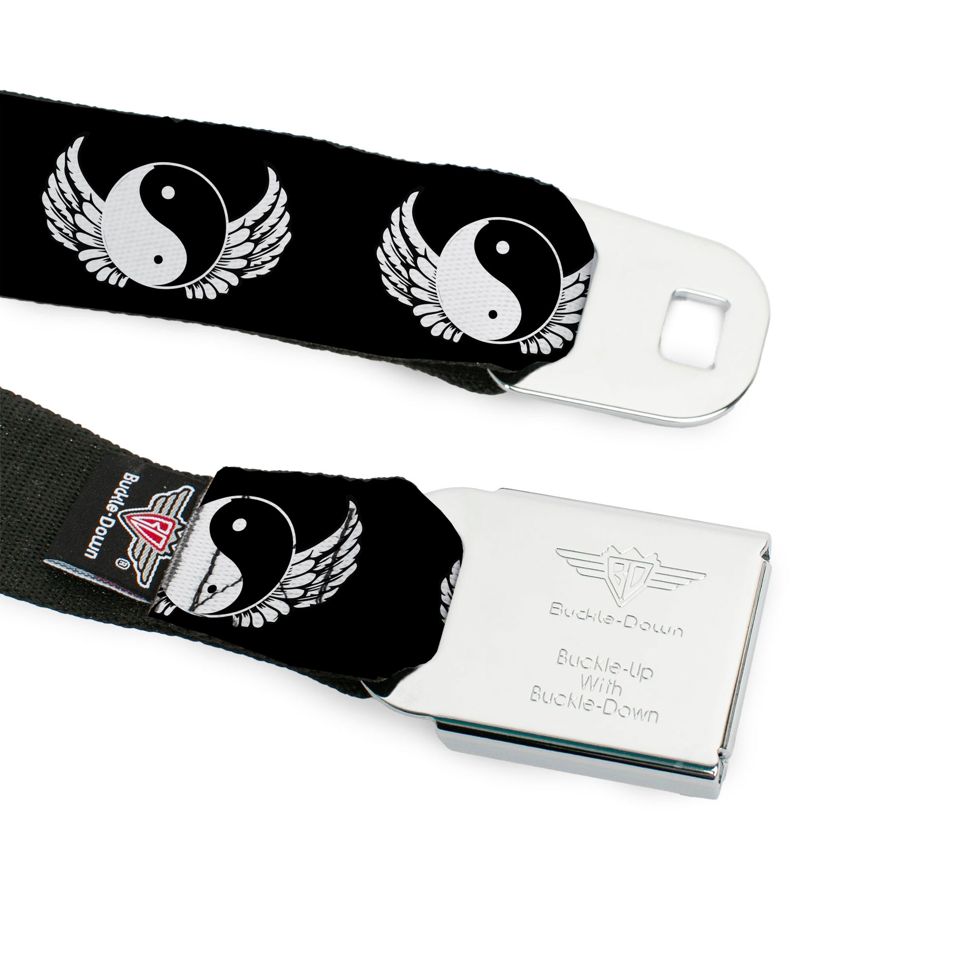BD Wings Logo CLOSE-UP Full Color Black Silver Seatbelt Belt - Yin Yang w/Wings Black/White Webbing Seatbelt Belts Buckle-Down