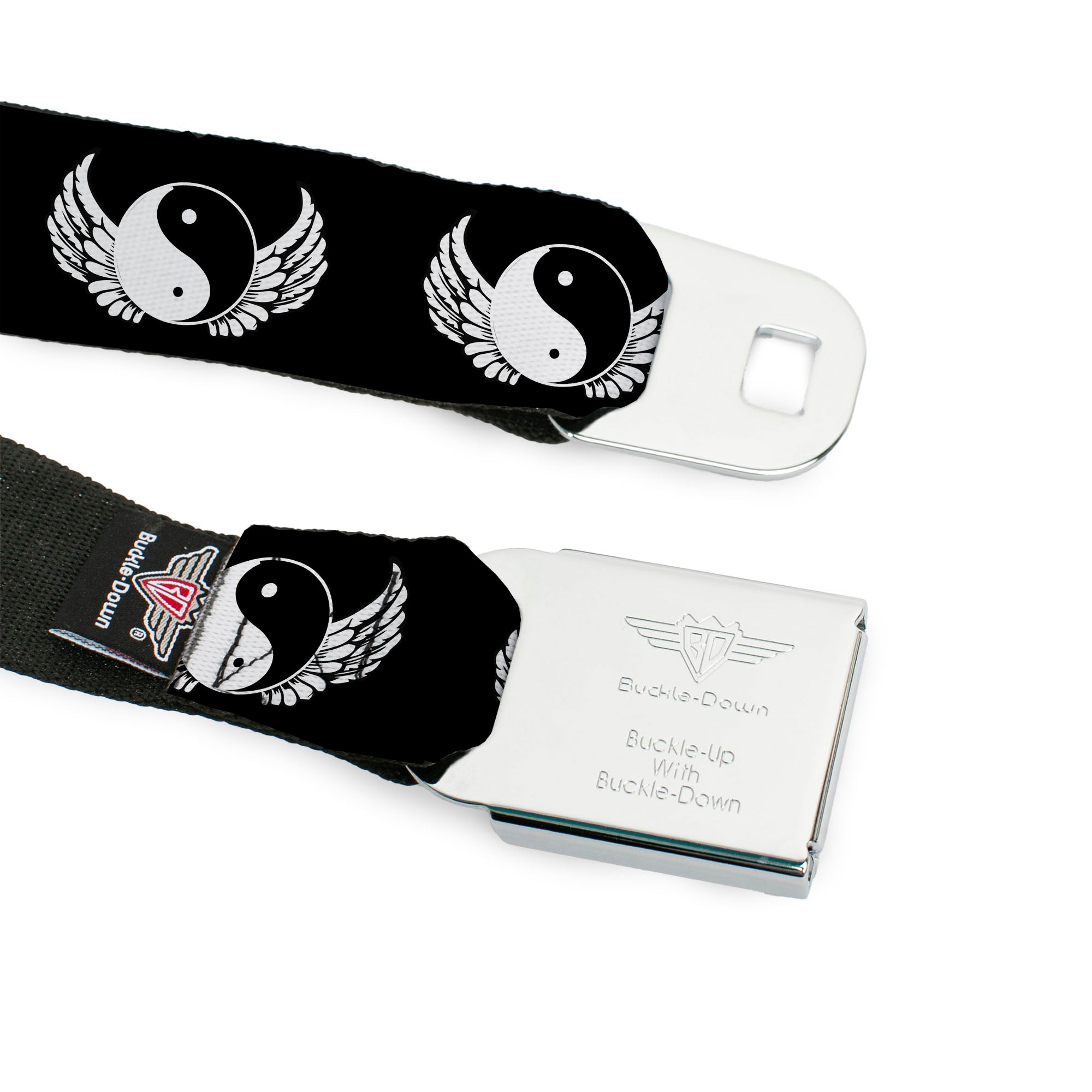 BD Wings Logo CLOSE-UP Full Color Black Silver Seatbelt Belt - Yin Yang w/Wings Black/White Webbing Seatbelt Belts Buckle-Down