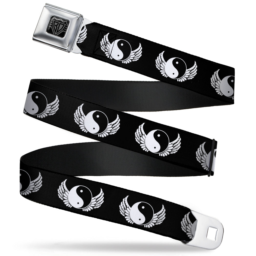BD Wings Logo CLOSE-UP Full Color Black Silver Seatbelt Belt - Yin Yang w/Wings Black/White Webbing Seatbelt Belts Buckle-Down