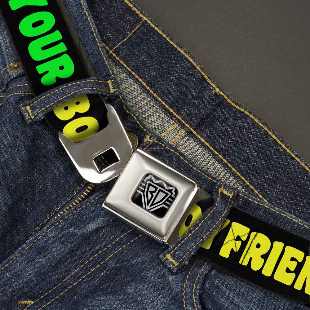 BD Wings Logo CLOSE-UP Full Color Black Silver Seatbelt Belt - YOUR BOYFRIEND LOVES ME w/Kiss Black/Neon Webbing Seatbelt Belts Buckle-Down