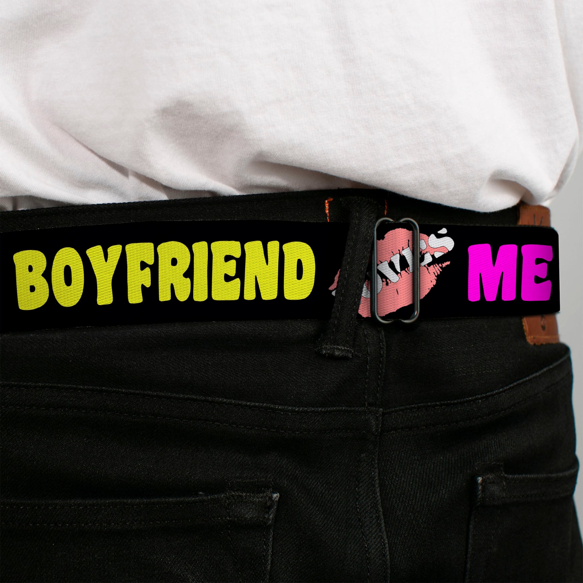 BD Wings Logo CLOSE-UP Full Color Black Silver Seatbelt Belt - YOUR BOYFRIEND LOVES ME w/Kiss Black/Neon Webbing Seatbelt Belts Buckle-Down