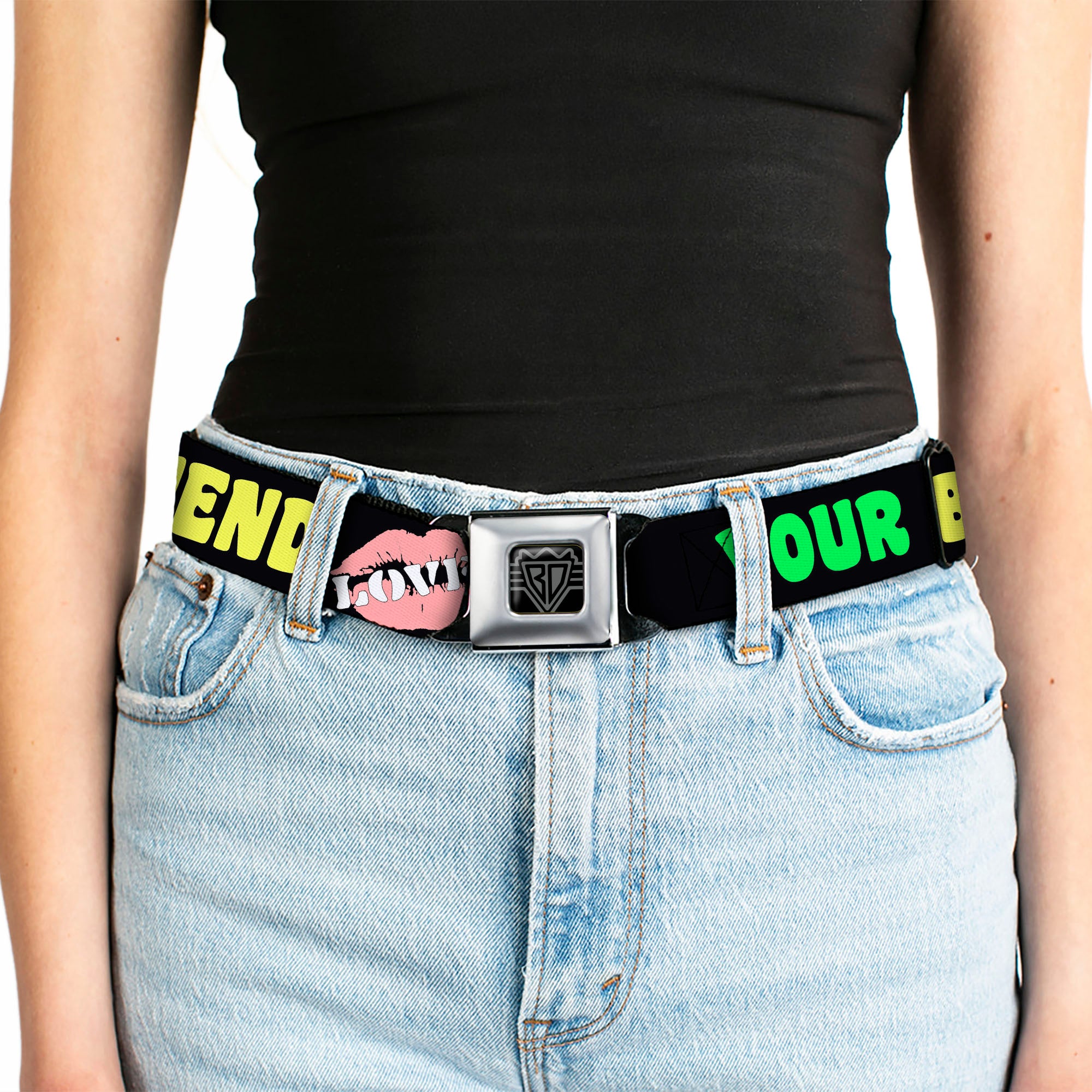 BD Wings Logo CLOSE-UP Full Color Black Silver Seatbelt Belt - YOUR BOYFRIEND LOVES ME w/Kiss Black/Neon Webbing Seatbelt Belts Buckle-Down
