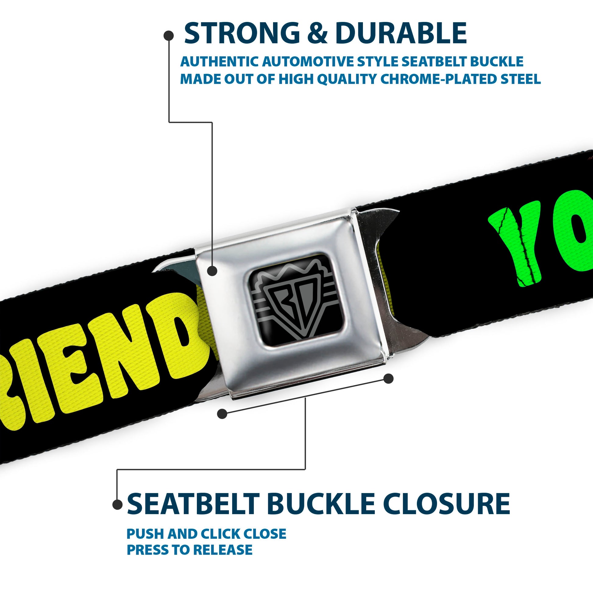 BD Wings Logo CLOSE-UP Full Color Black Silver Seatbelt Belt - YOUR BOYFRIEND LOVES ME w/Kiss Black/Neon Webbing Seatbelt Belts Buckle-Down