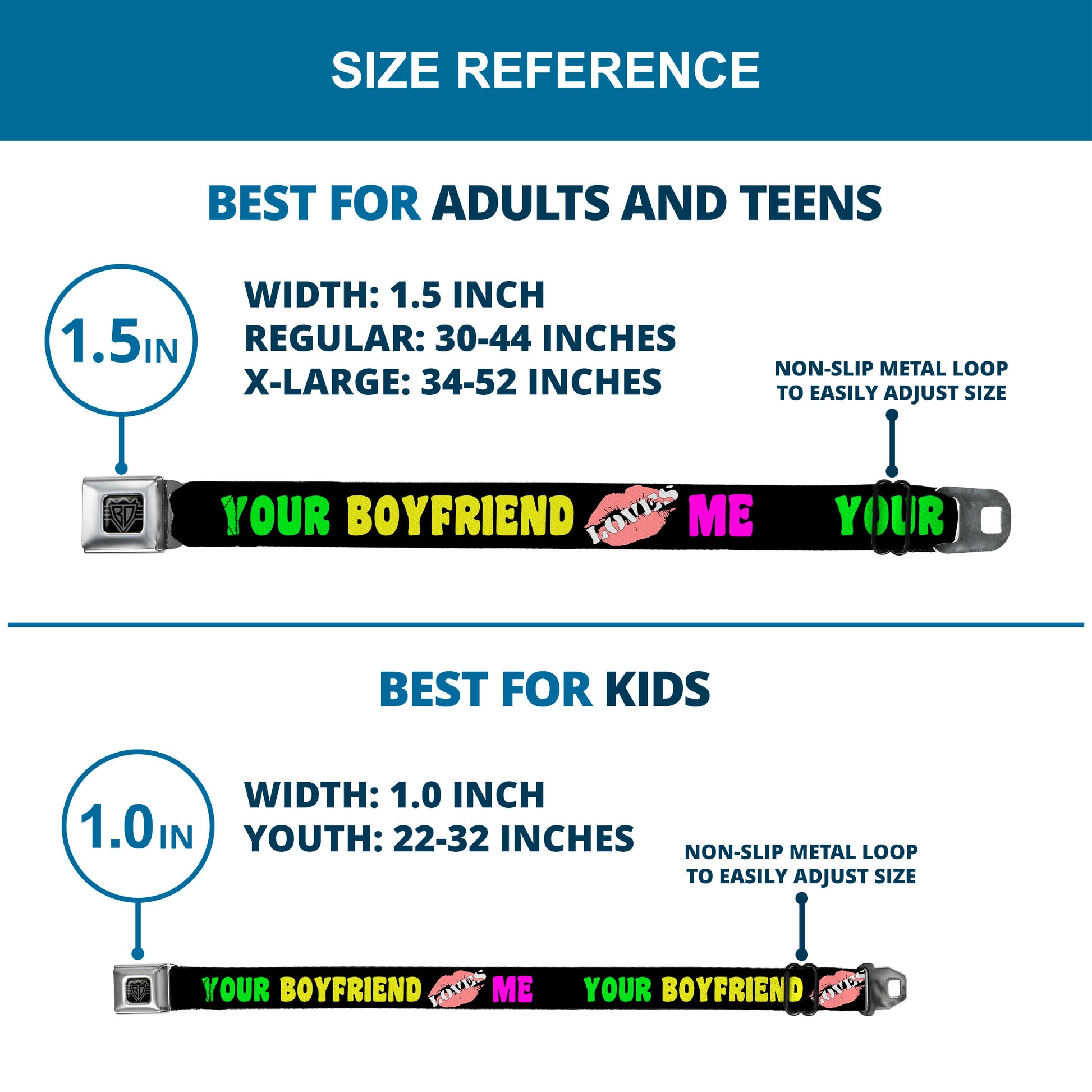 BD Wings Logo CLOSE-UP Full Color Black Silver Seatbelt Belt - YOUR BOYFRIEND LOVES ME w/Kiss Black/Neon Webbing Seatbelt Belts Buckle-Down