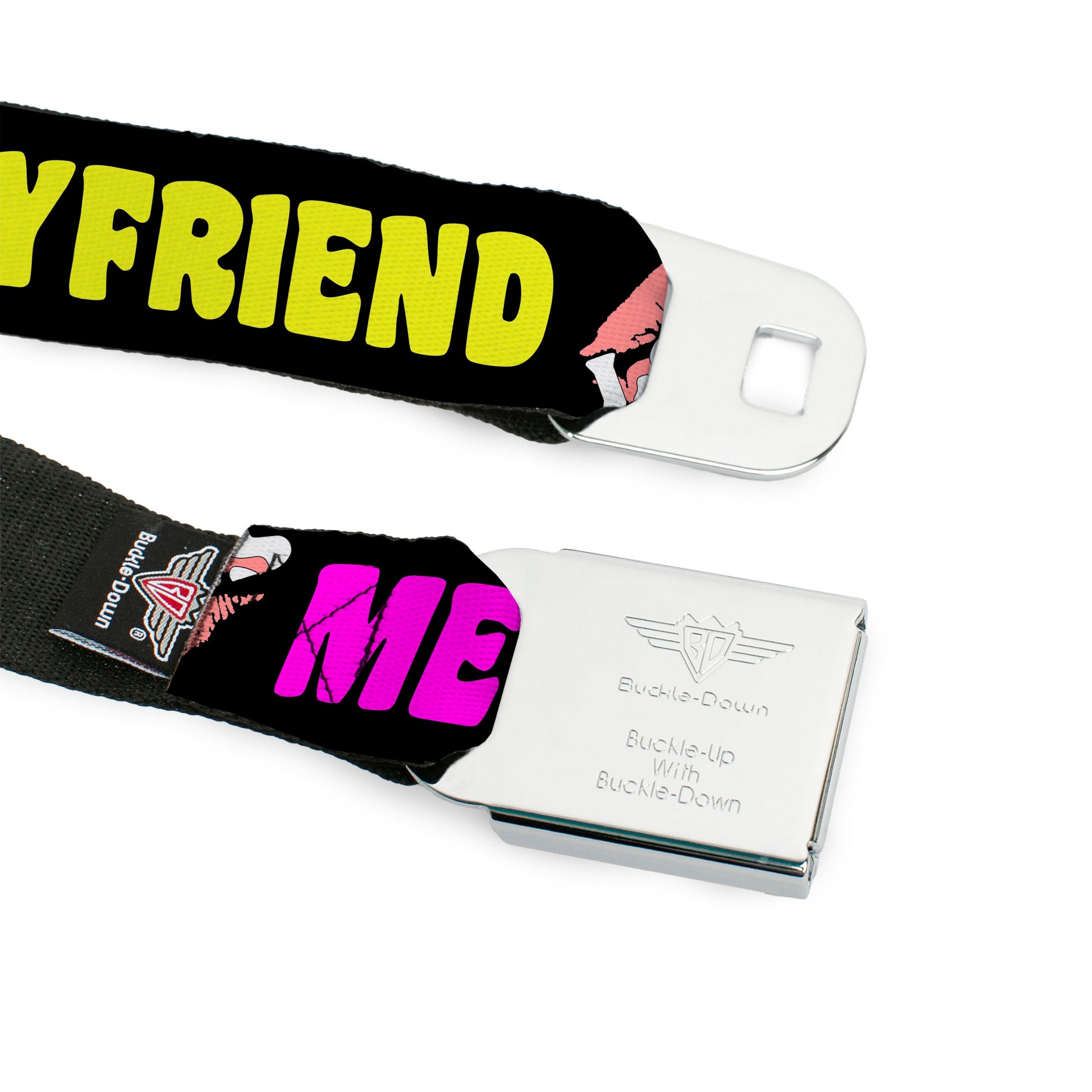 BD Wings Logo CLOSE-UP Full Color Black Silver Seatbelt Belt - YOUR BOYFRIEND LOVES ME w/Kiss Black/Neon Webbing Seatbelt Belts Buckle-Down