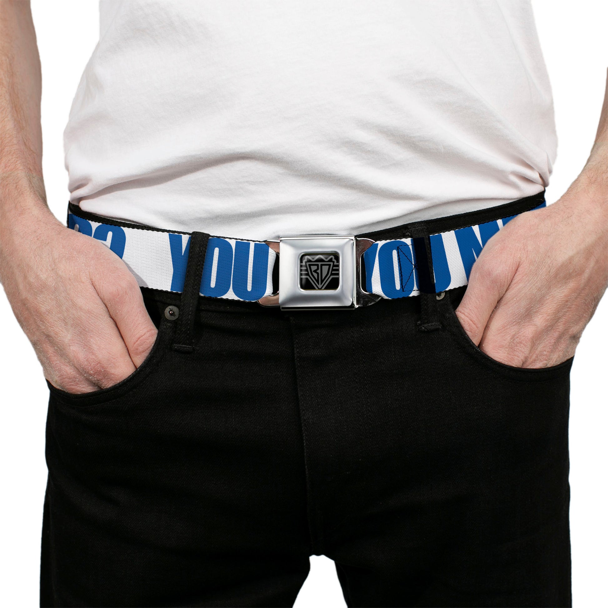 BD Wings Logo CLOSE-UP Full Color Black Silver Seatbelt Belt - YOU MAD BRO White/Royal Webbing Seatbelt Belts Buckle-Down