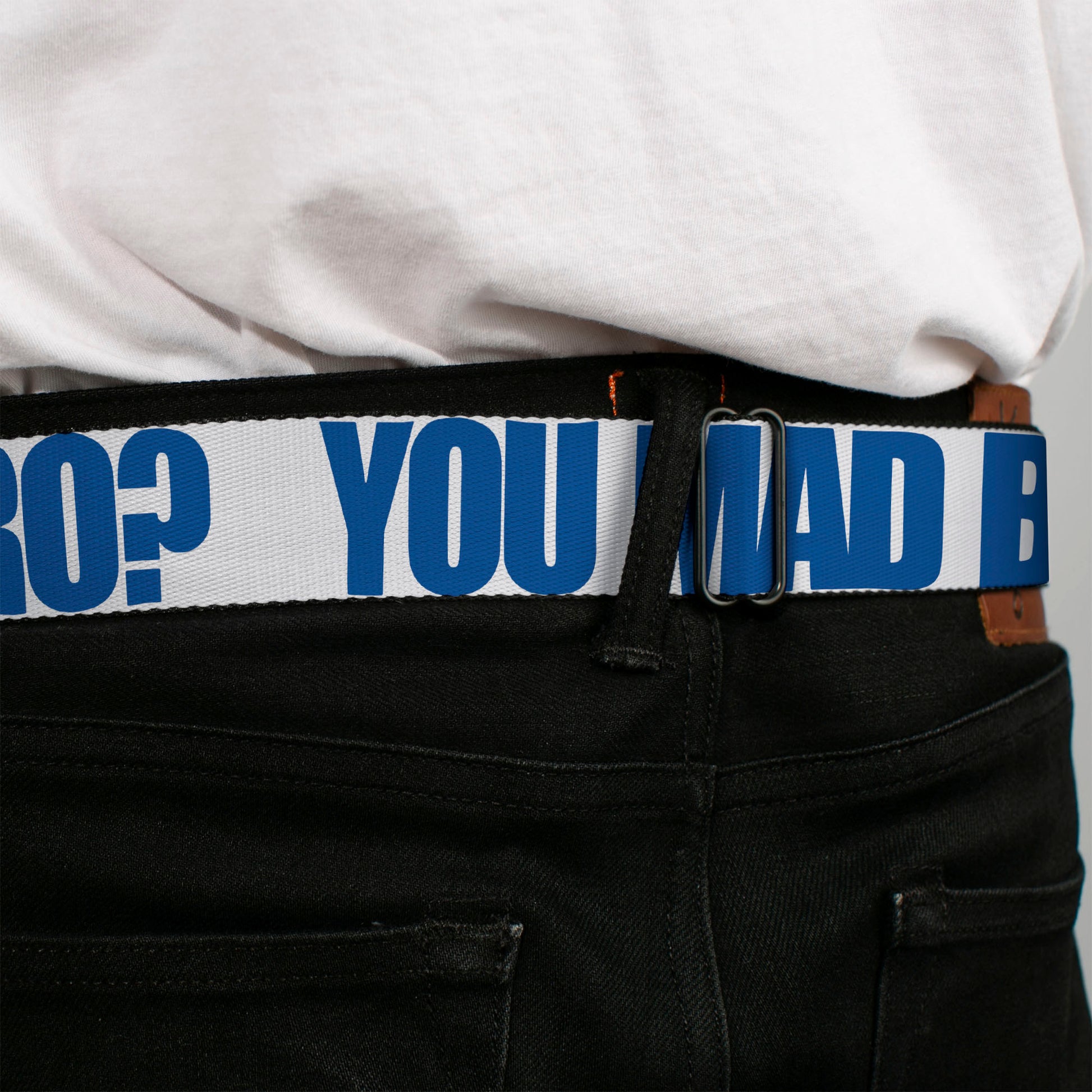 BD Wings Logo CLOSE-UP Full Color Black Silver Seatbelt Belt - YOU MAD BRO White/Royal Webbing Seatbelt Belts Buckle-Down
