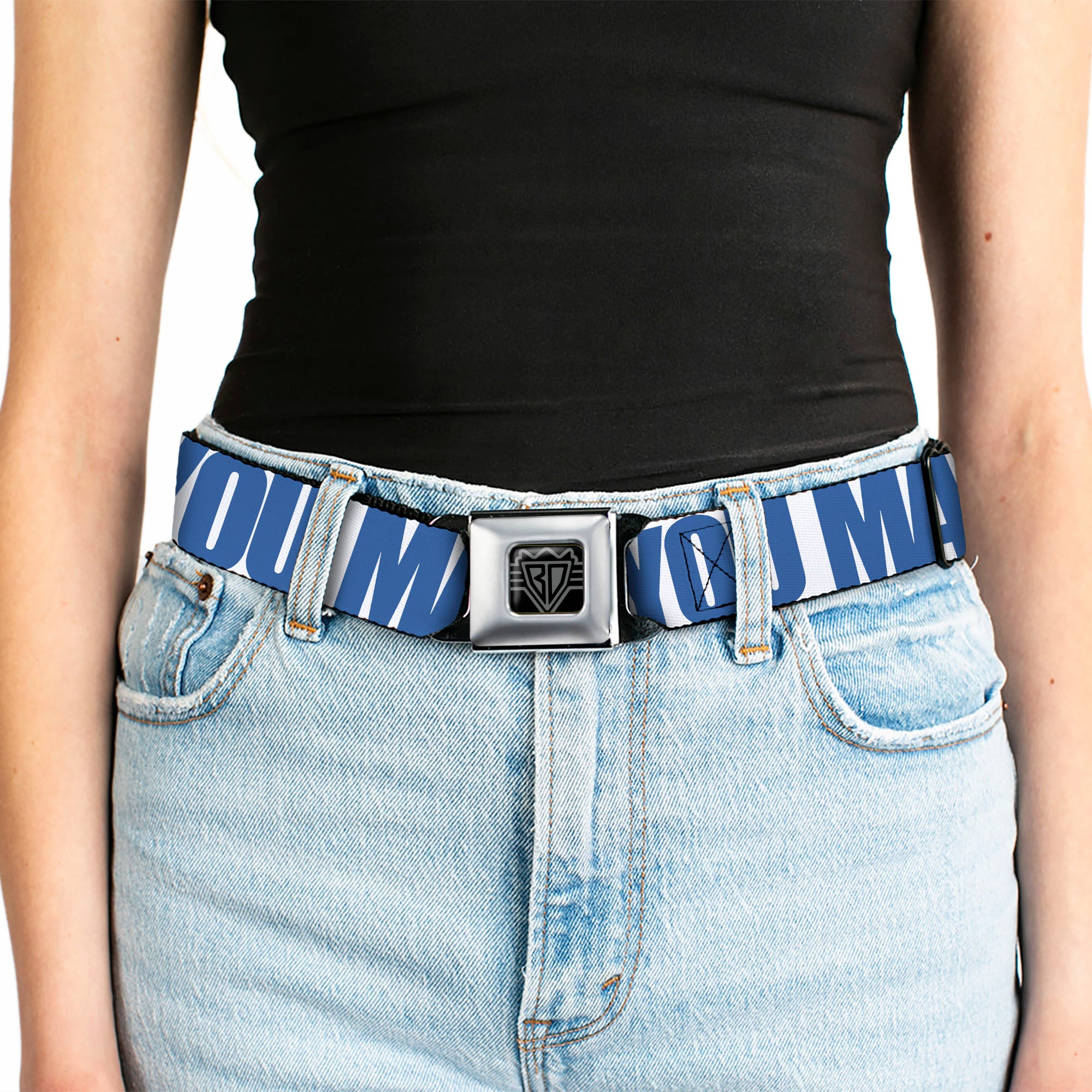 BD Wings Logo CLOSE-UP Full Color Black Silver Seatbelt Belt - YOU MAD BRO White/Royal Webbing Seatbelt Belts Buckle-Down