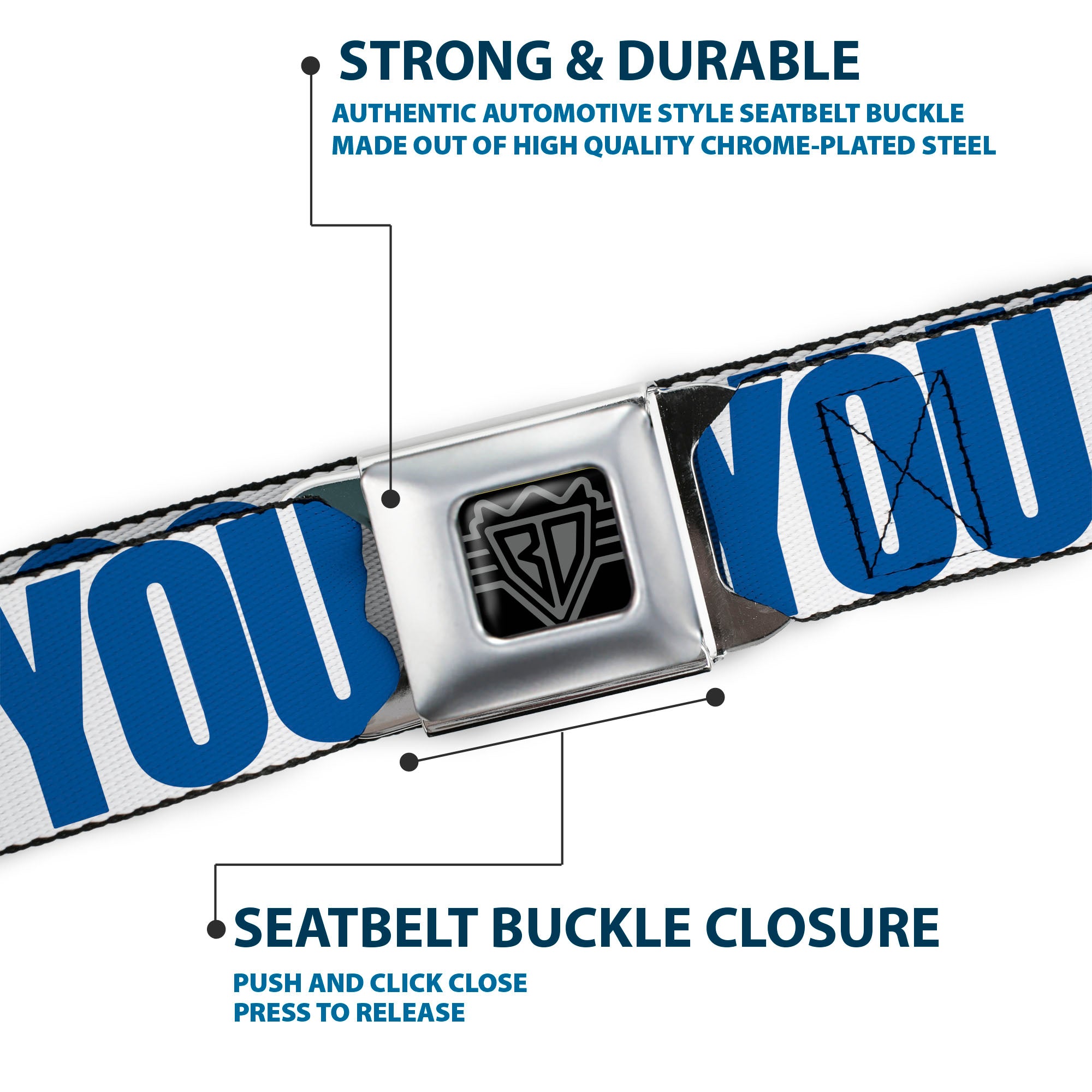 BD Wings Logo CLOSE-UP Full Color Black Silver Seatbelt Belt - YOU MAD BRO White/Royal Webbing Seatbelt Belts Buckle-Down