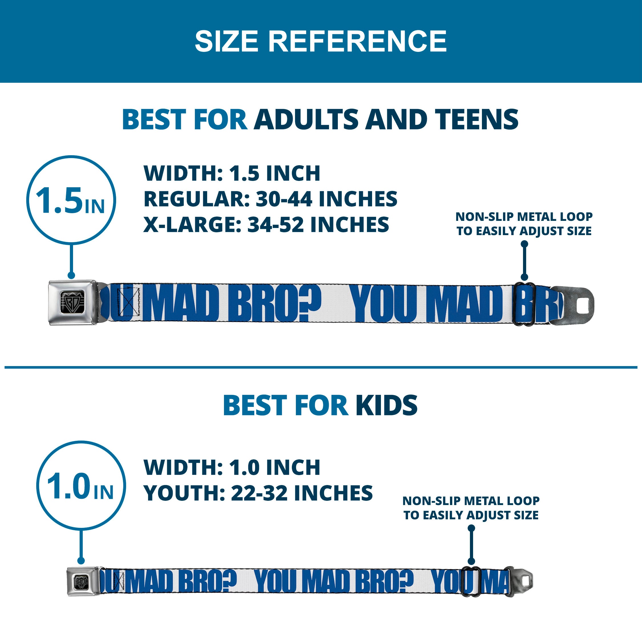 BD Wings Logo CLOSE-UP Full Color Black Silver Seatbelt Belt - YOU MAD BRO White/Royal Webbing Seatbelt Belts Buckle-Down