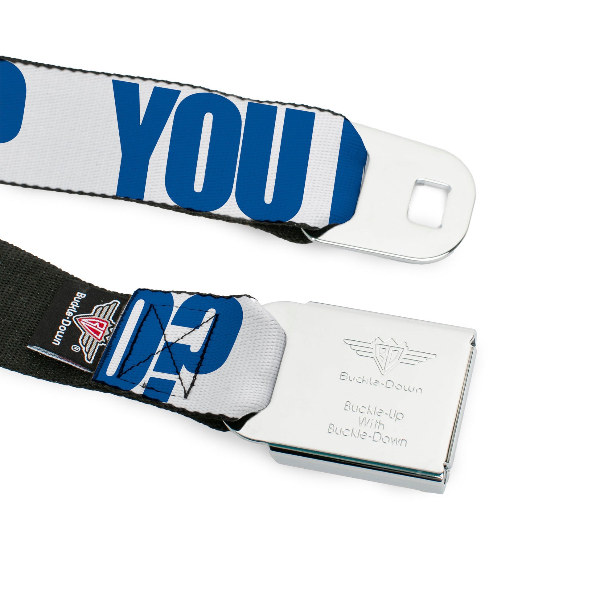 BD Wings Logo CLOSE-UP Full Color Black Silver Seatbelt Belt - YOU MAD BRO White/Royal Webbing Seatbelt Belts Buckle-Down