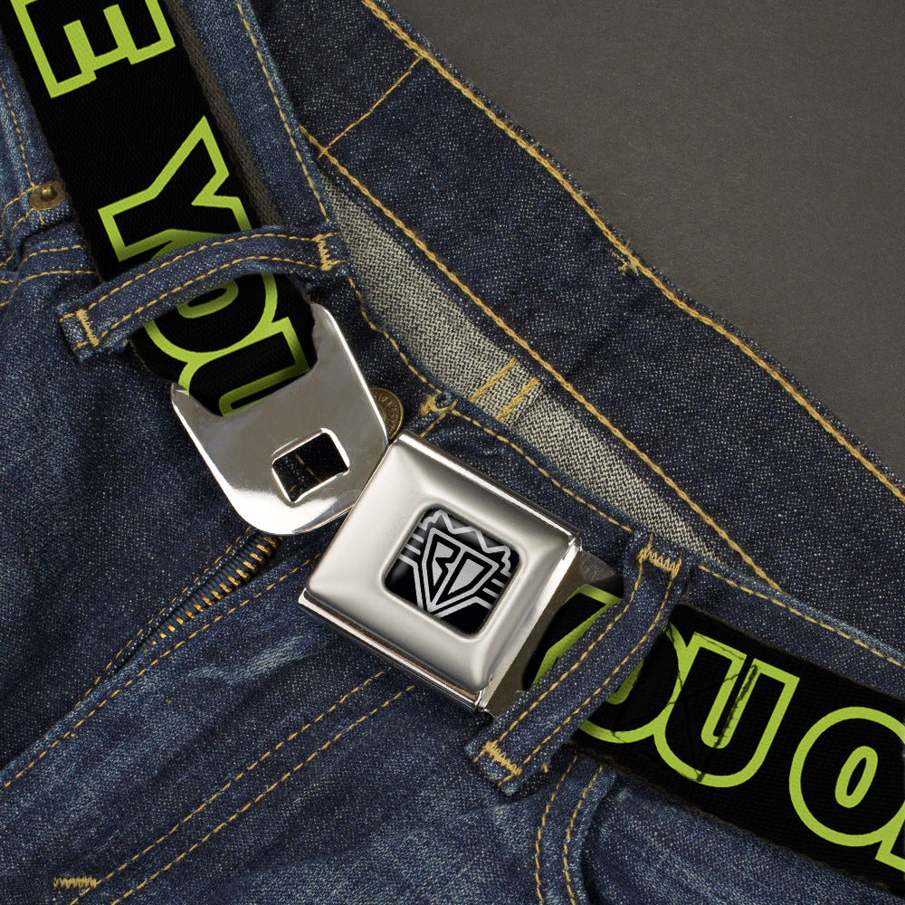 BD Wings Logo CLOSE-UP Full Color Black Silver Seatbelt Belt - YOU ONLY LIVE ONCE Black/Neon Green Webbing Seatbelt Belts Buckle-Down