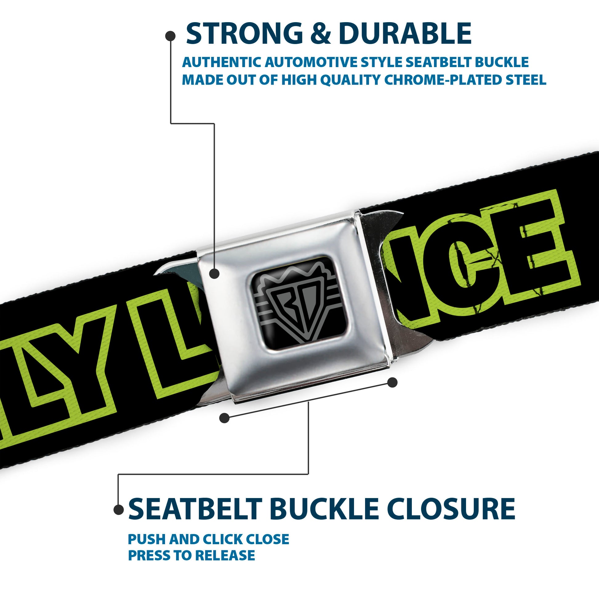 BD Wings Logo CLOSE-UP Full Color Black Silver Seatbelt Belt - YOU ONLY LIVE ONCE Black/Neon Green Webbing Seatbelt Belts Buckle-Down
