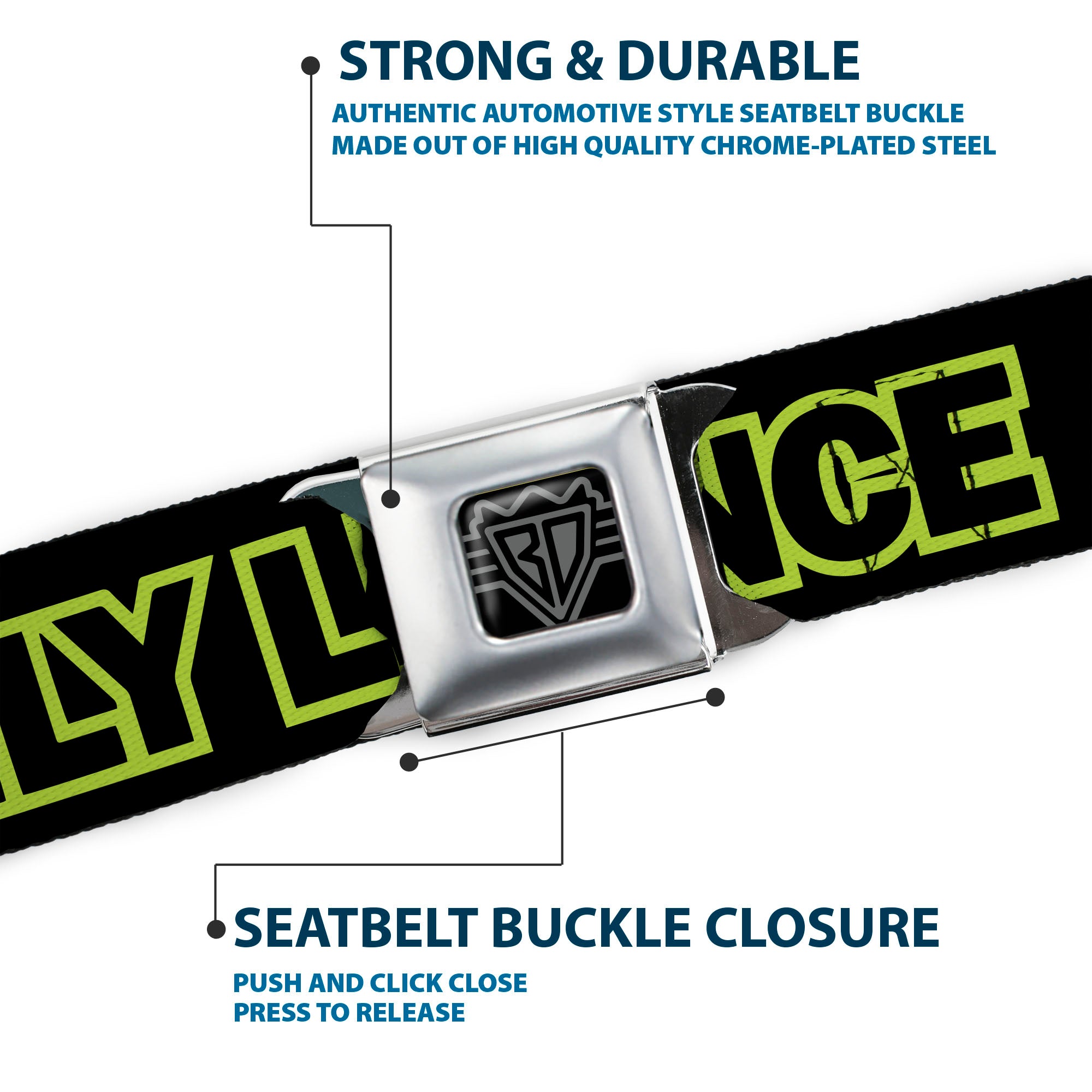 BD Wings Logo CLOSE-UP Full Color Black Silver Seatbelt Belt - YOU ONLY LIVE ONCE Black/Neon Green Webbing Seatbelt Belts Buckle-Down