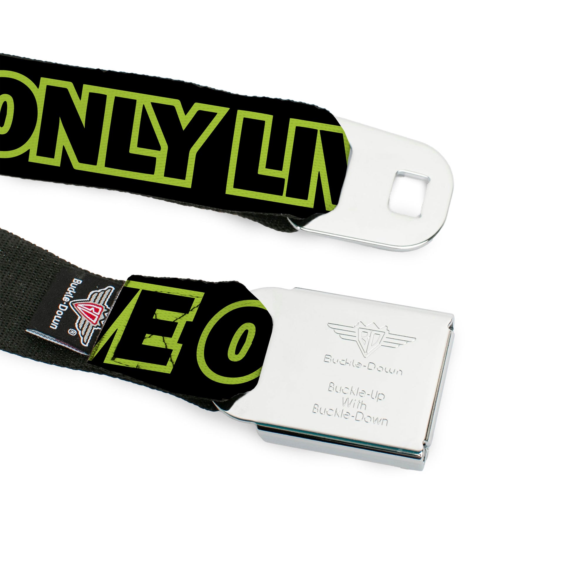 BD Wings Logo CLOSE-UP Full Color Black Silver Seatbelt Belt - YOU ONLY LIVE ONCE Black/Neon Green Webbing Seatbelt Belts Buckle-Down