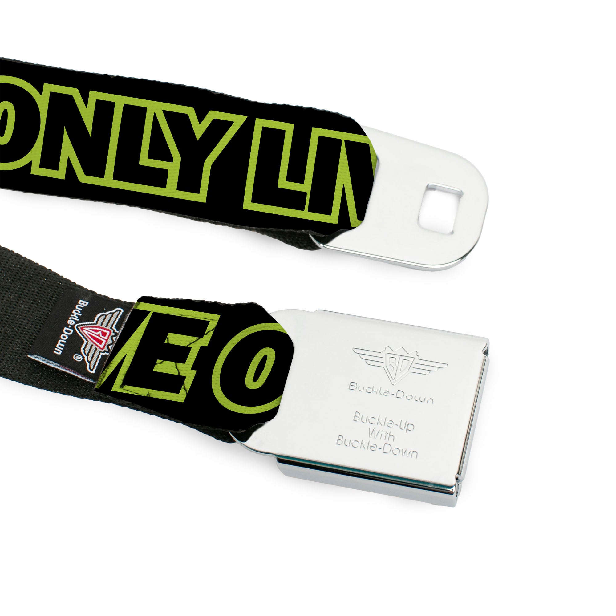 BD Wings Logo CLOSE-UP Full Color Black Silver Seatbelt Belt - YOU ONLY LIVE ONCE Black/Neon Green Webbing Seatbelt Belts Buckle-Down