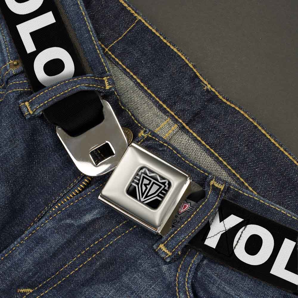 BD Wings Logo CLOSE-UP Full Color Black Silver Seatbelt Belt - YOLO Black/White Webbing Seatbelt Belts Buckle-Down