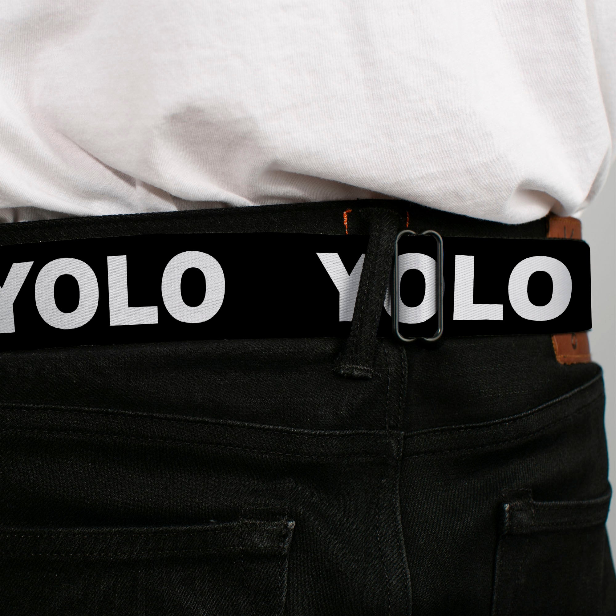 BD Wings Logo CLOSE-UP Full Color Black Silver Seatbelt Belt - YOLO Black/White Webbing Seatbelt Belts Buckle-Down