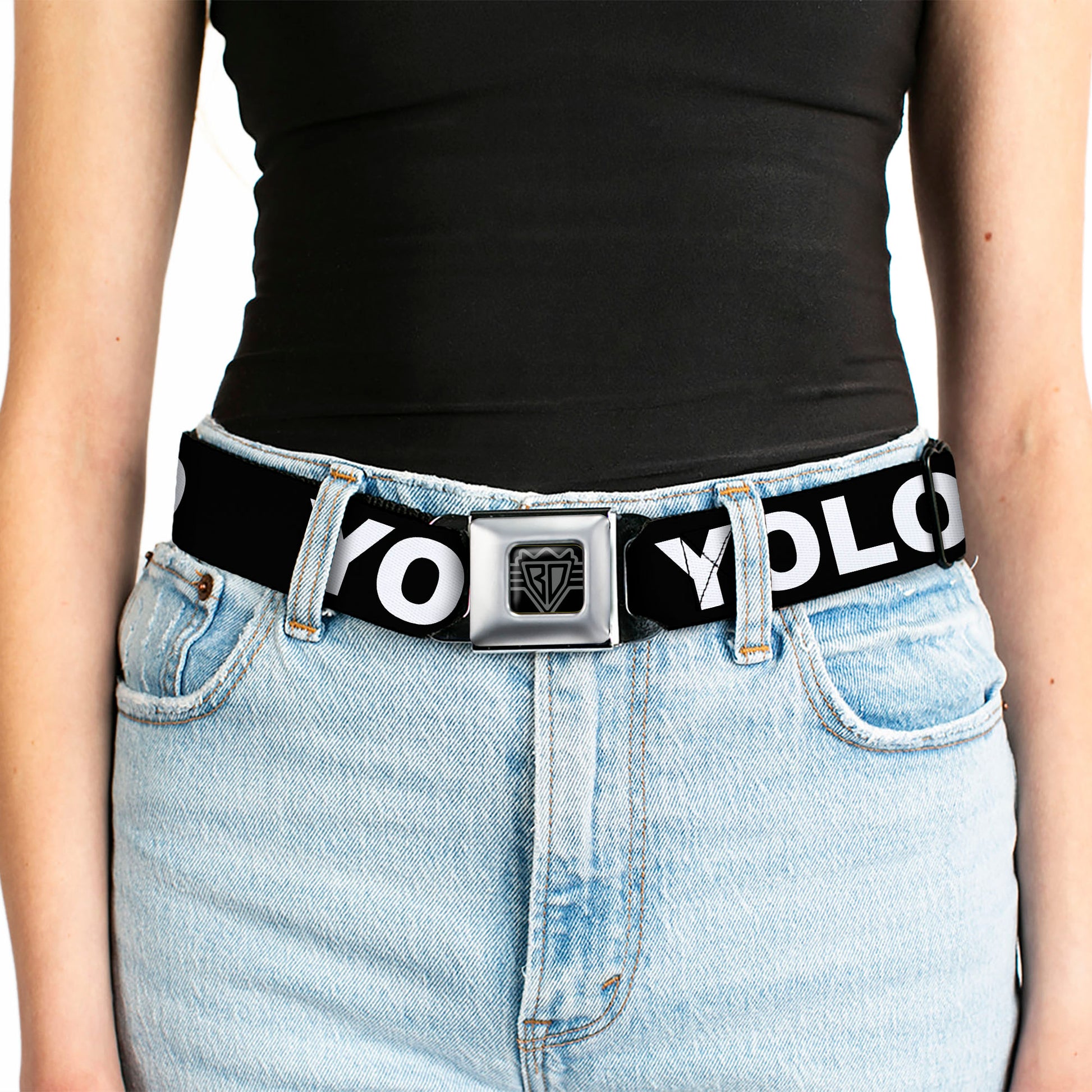 BD Wings Logo CLOSE-UP Full Color Black Silver Seatbelt Belt - YOLO Black/White Webbing Seatbelt Belts Buckle-Down