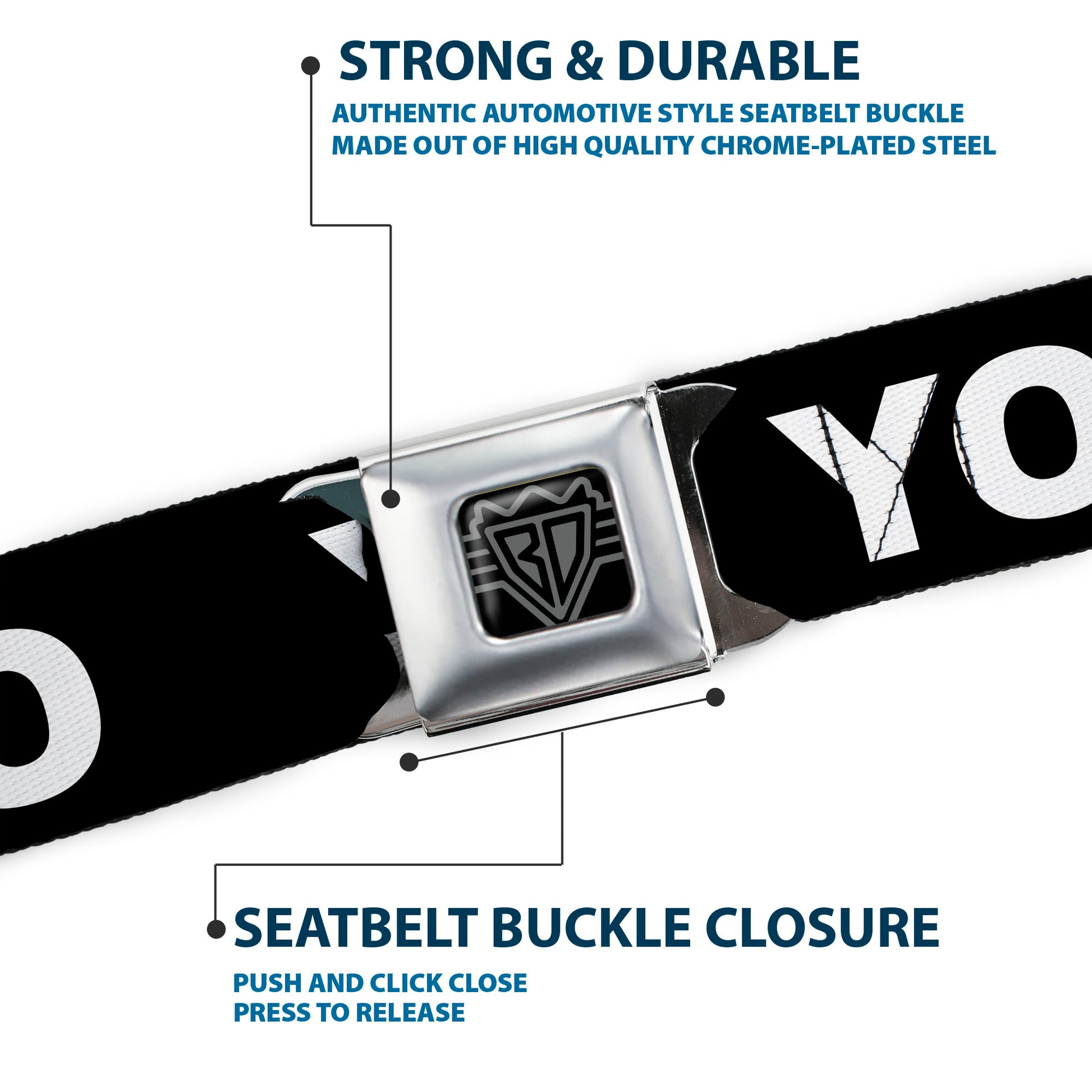 BD Wings Logo CLOSE-UP Full Color Black Silver Seatbelt Belt - YOLO Black/White Webbing Seatbelt Belts Buckle-Down