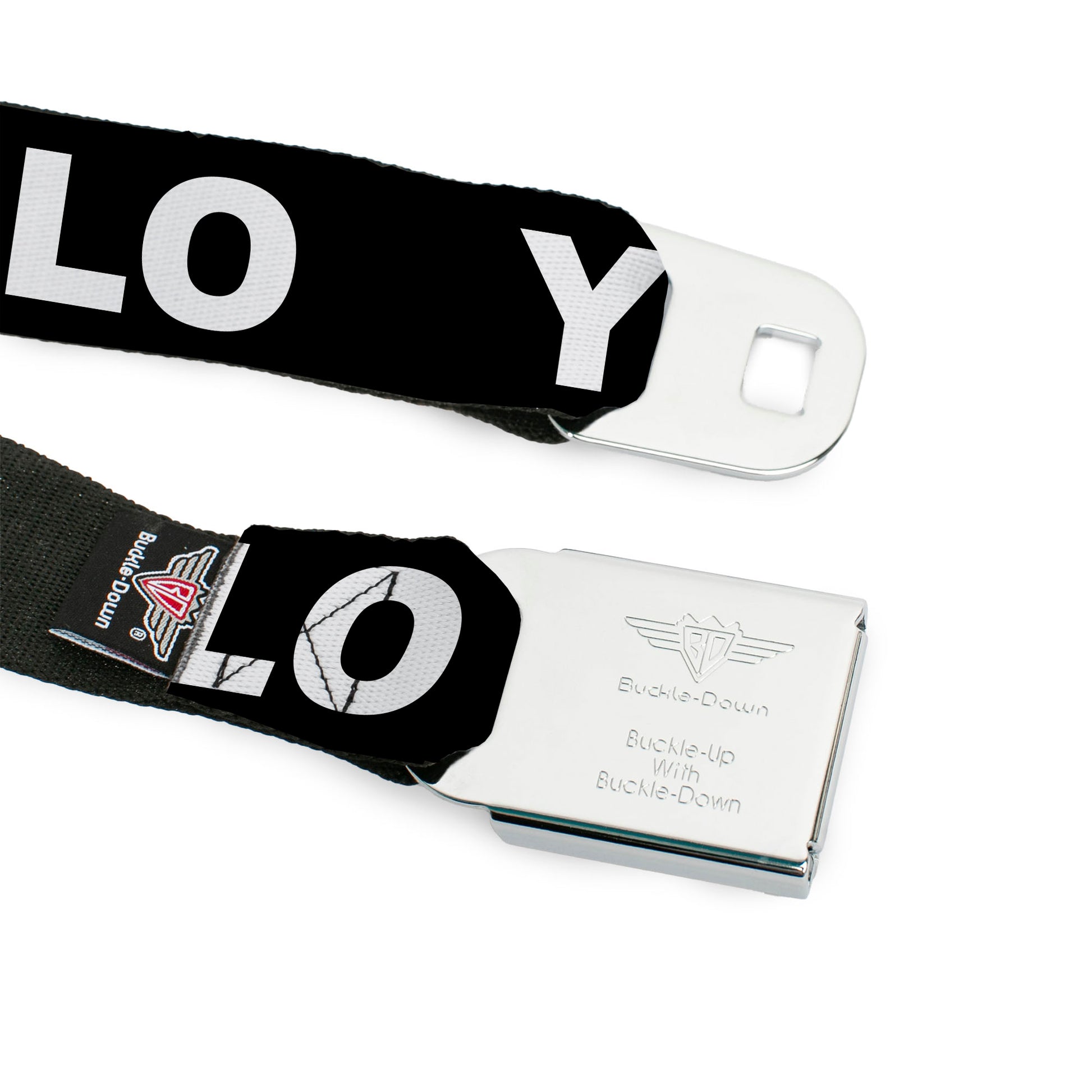 BD Wings Logo CLOSE-UP Full Color Black Silver Seatbelt Belt - YOLO Black/White Webbing Seatbelt Belts Buckle-Down