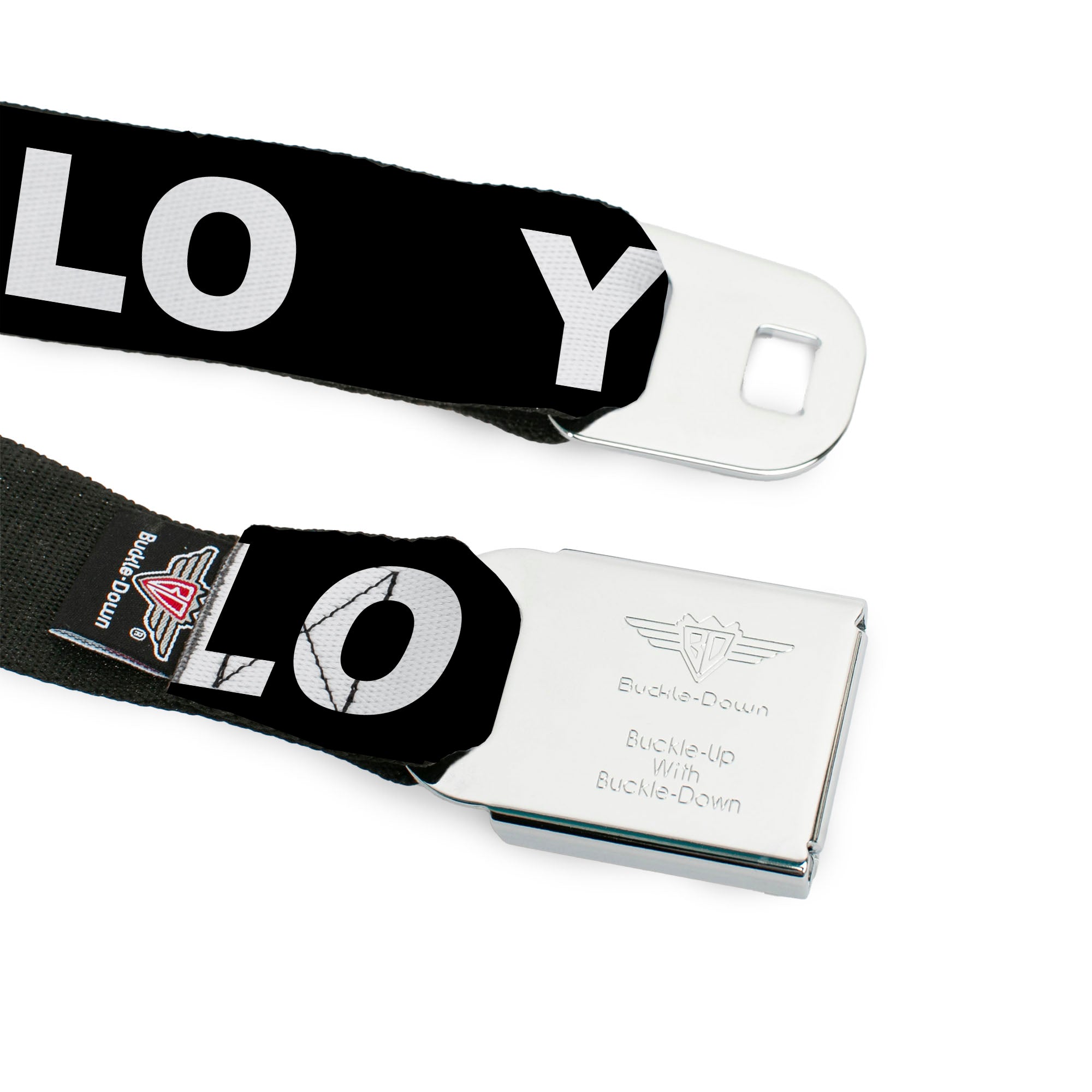 BD Wings Logo CLOSE-UP Full Color Black Silver Seatbelt Belt - YOLO Black/White Webbing Seatbelt Belts Buckle-Down
