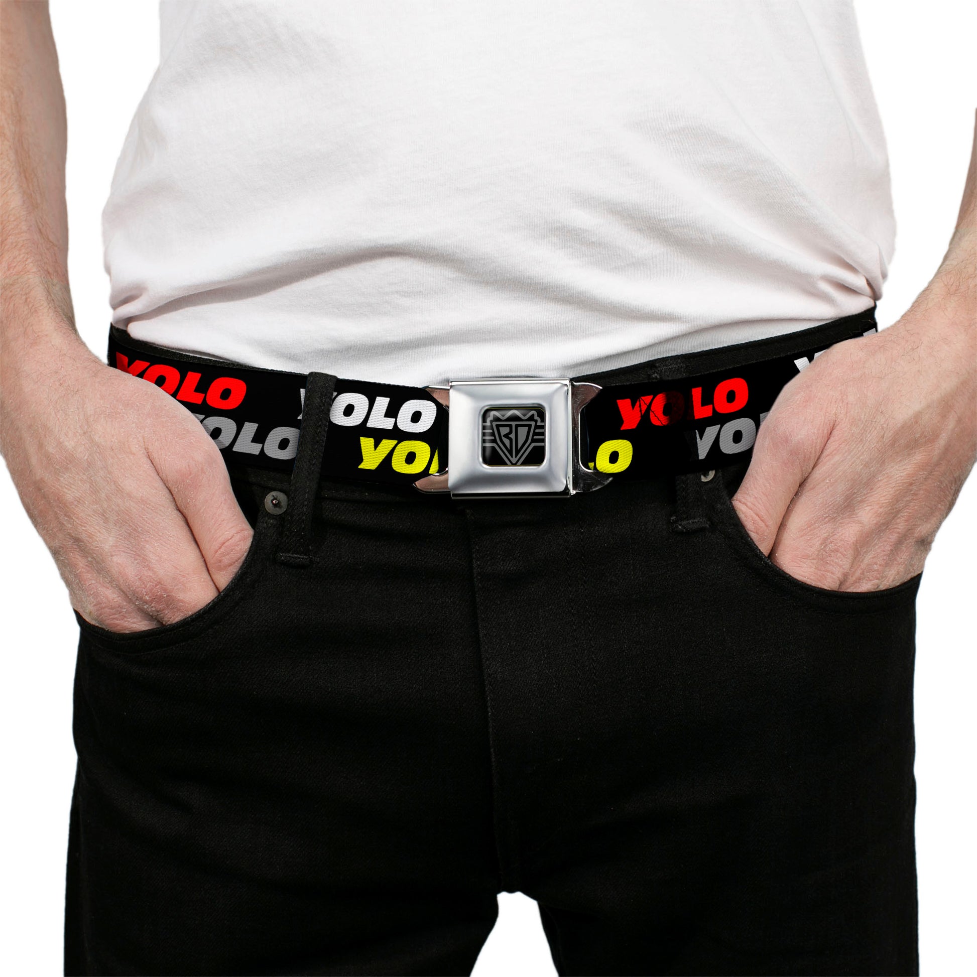 BD Wings Logo CLOSE-UP Full Color Black Silver Seatbelt Belt - YOLO2 Black/Red/White/Gray/Yellow Webbing Seatbelt Belts Buckle-Down