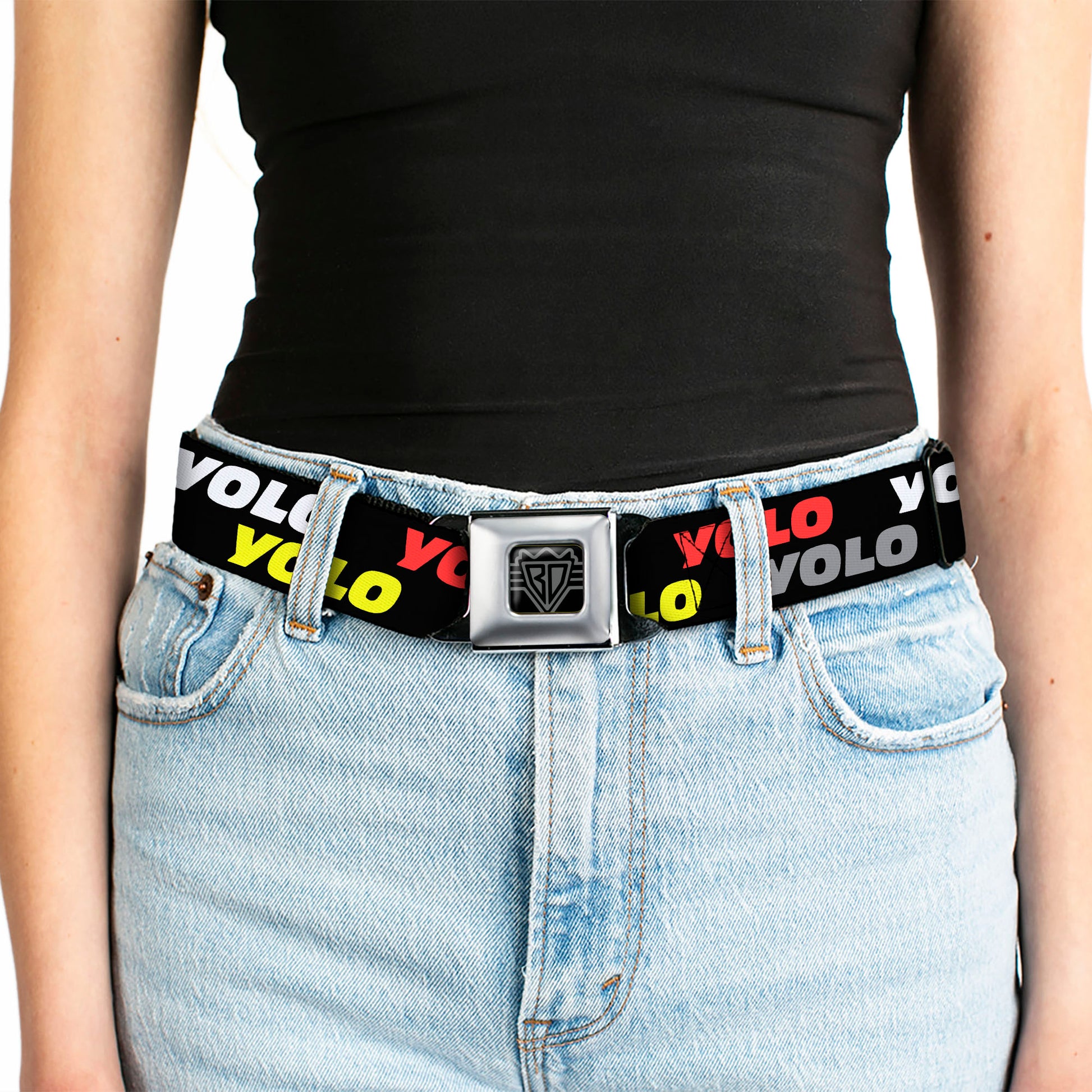 BD Wings Logo CLOSE-UP Full Color Black Silver Seatbelt Belt - YOLO2 Black/Red/White/Gray/Yellow Webbing Seatbelt Belts Buckle-Down