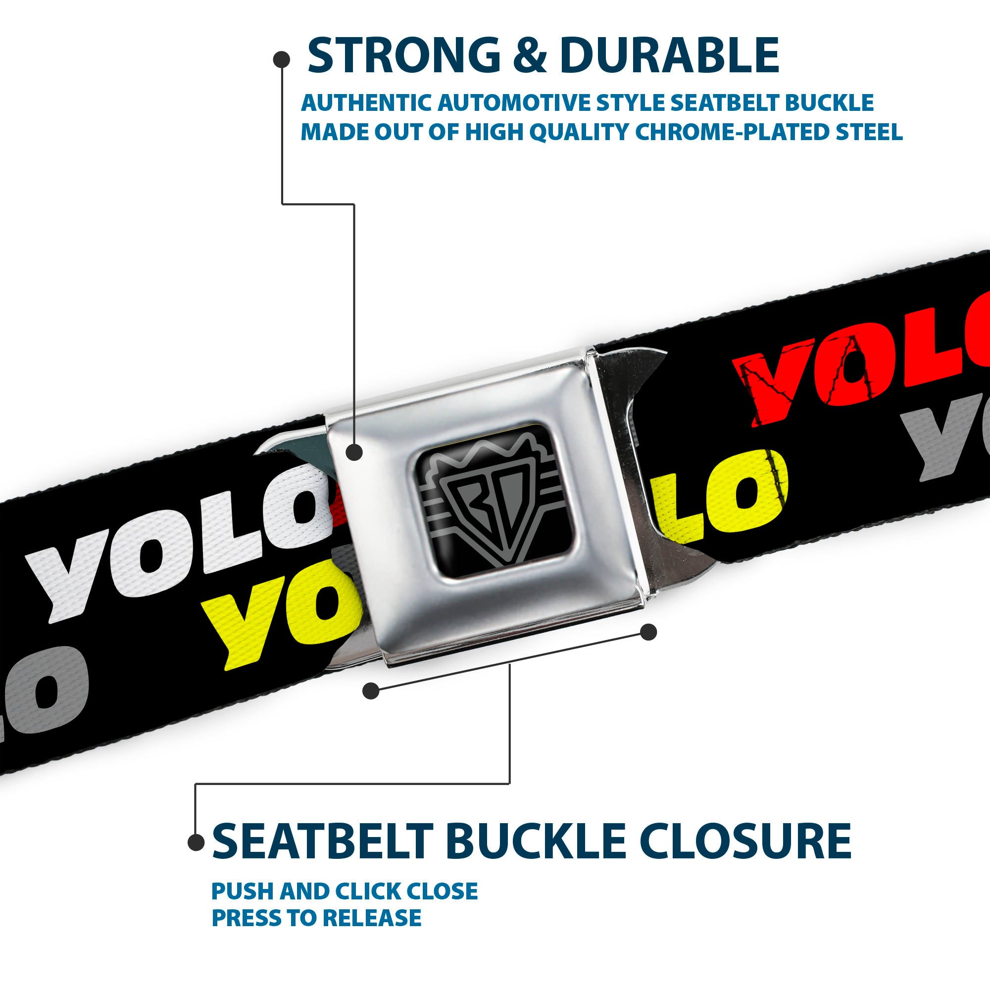 BD Wings Logo CLOSE-UP Full Color Black Silver Seatbelt Belt - YOLO2 Black/Red/White/Gray/Yellow Webbing Seatbelt Belts Buckle-Down