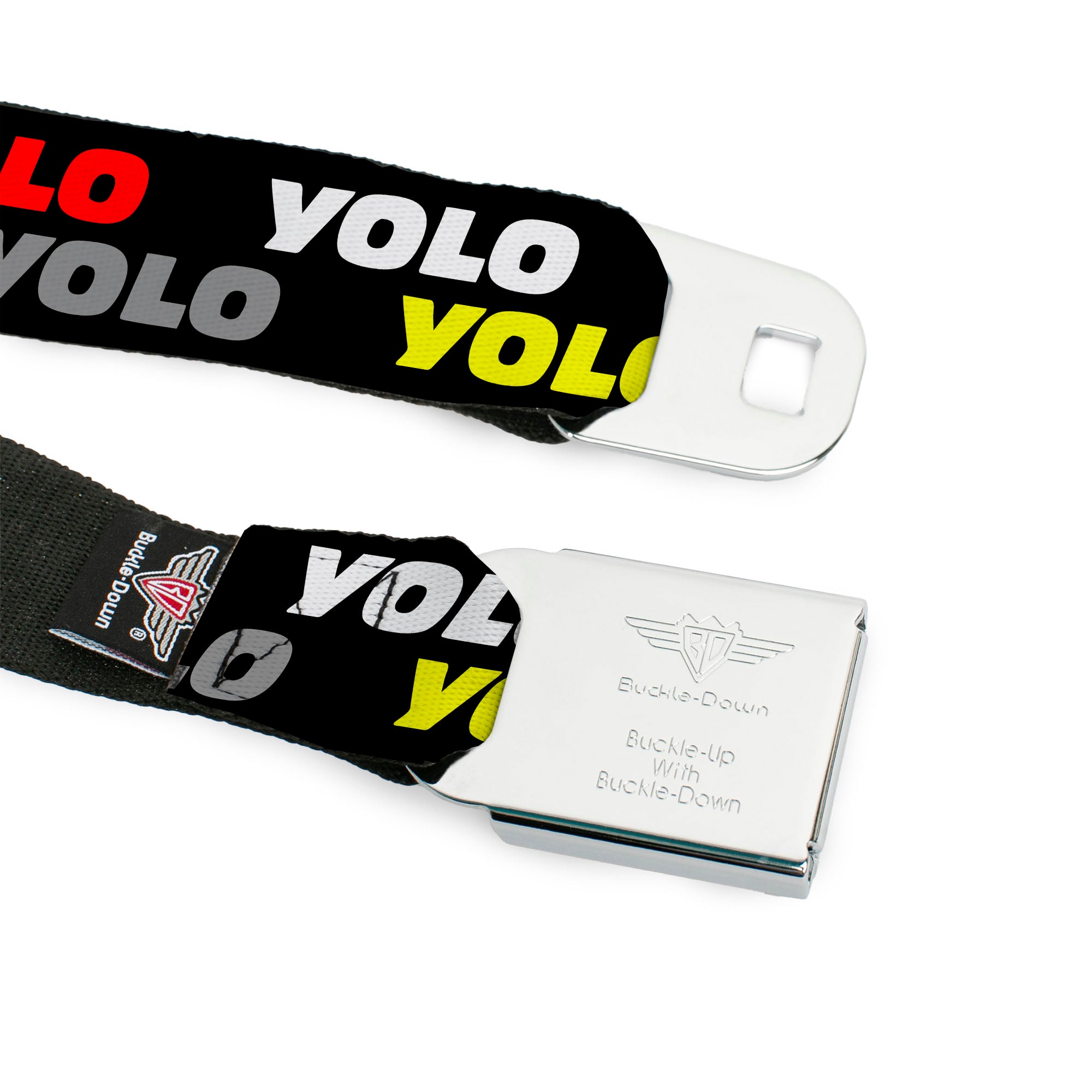 BD Wings Logo CLOSE-UP Full Color Black Silver Seatbelt Belt - YOLO2 Black/Red/White/Gray/Yellow Webbing Seatbelt Belts Buckle-Down