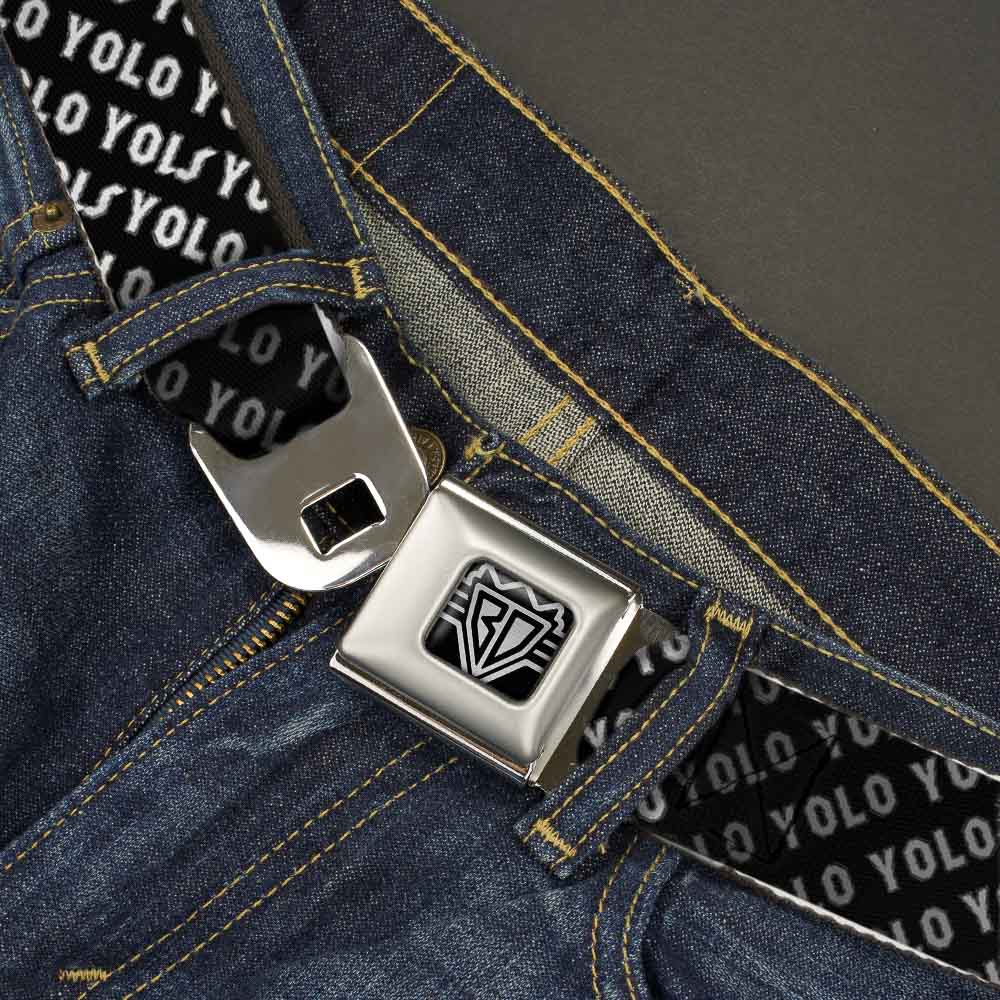 BD Wings Logo CLOSE-UP Full Color Black Silver Seatbelt Belt - YOLO Diagonal Black/Gray/White Webbing Seatbelt Belts Buckle-Down