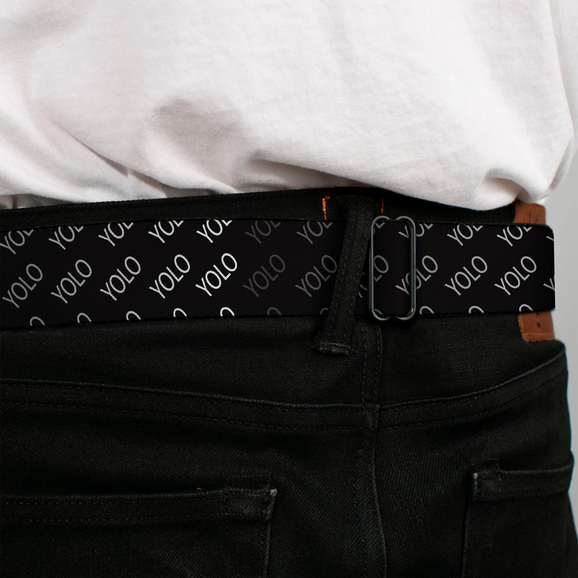 BD Wings Logo CLOSE-UP Full Color Black Silver Seatbelt Belt - YOLO Diagonal Black/Gray/White Webbing Seatbelt Belts Buckle-Down