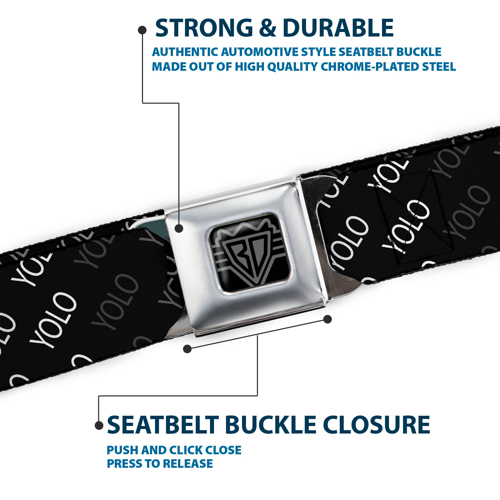 BD Wings Logo CLOSE-UP Full Color Black Silver Seatbelt Belt - YOLO Diagonal Black/Gray/White Webbing Seatbelt Belts Buckle-Down