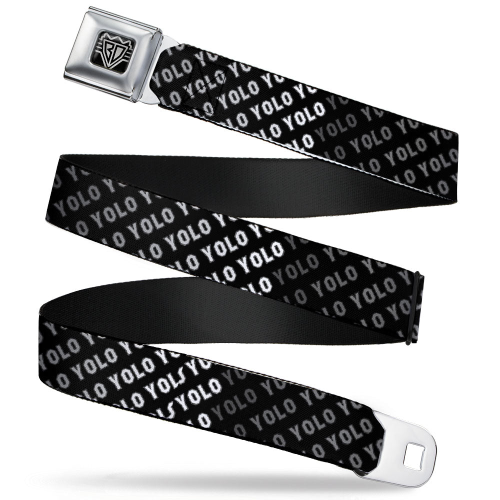 BD Wings Logo CLOSE-UP Full Color Black Silver Seatbelt Belt - YOLO Diagonal Black/Gray/White Webbing Seatbelt Belts Buckle-Down