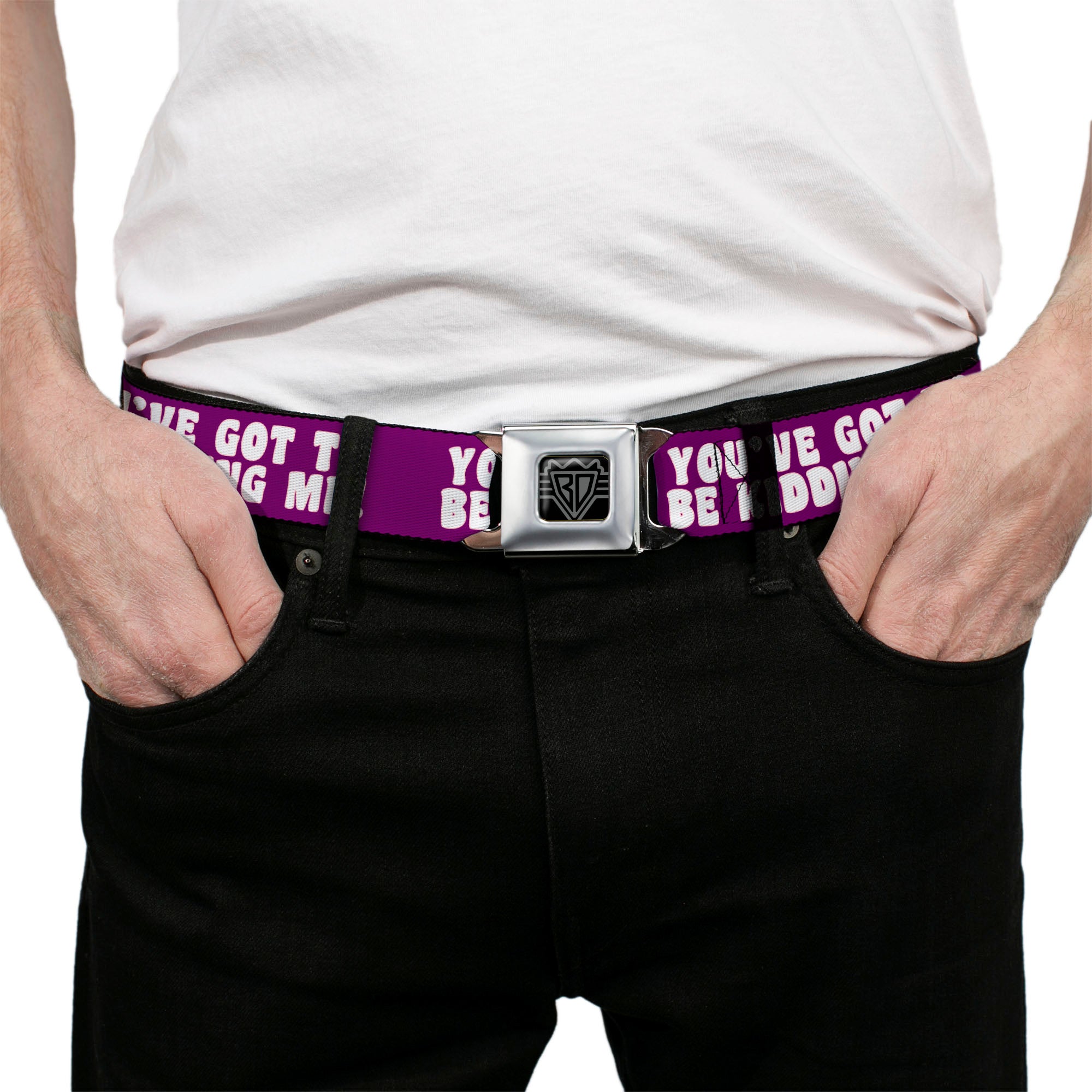 BD Wings Logo CLOSE-UP Full Color Black Silver Seatbelt Belt - YOU'VE GOT TO BE KIDDING ME! Purple/White Webbing Seatbelt Belts Buckle-Down