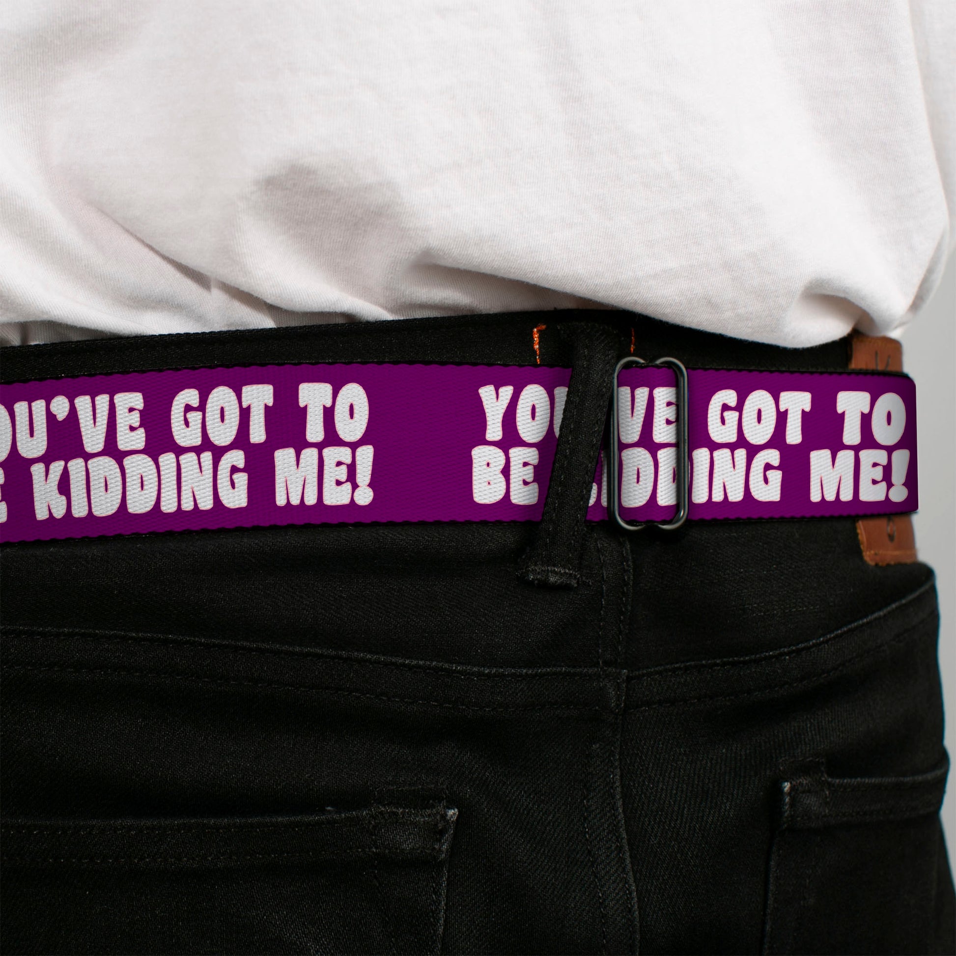 BD Wings Logo CLOSE-UP Full Color Black Silver Seatbelt Belt - YOU'VE GOT TO BE KIDDING ME! Purple/White Webbing Seatbelt Belts Buckle-Down