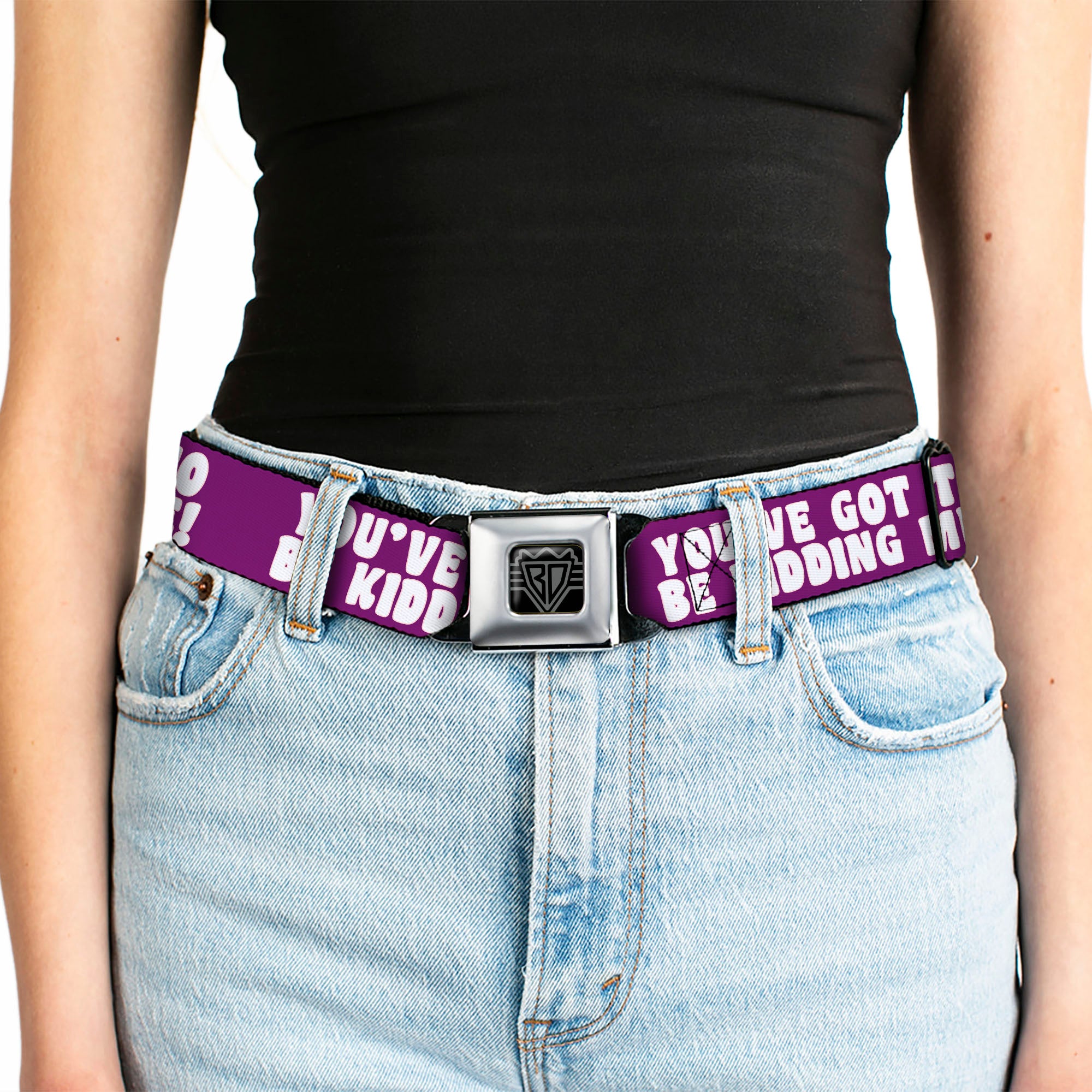 BD Wings Logo CLOSE-UP Full Color Black Silver Seatbelt Belt - YOU'VE GOT TO BE KIDDING ME! Purple/White Webbing Seatbelt Belts Buckle-Down