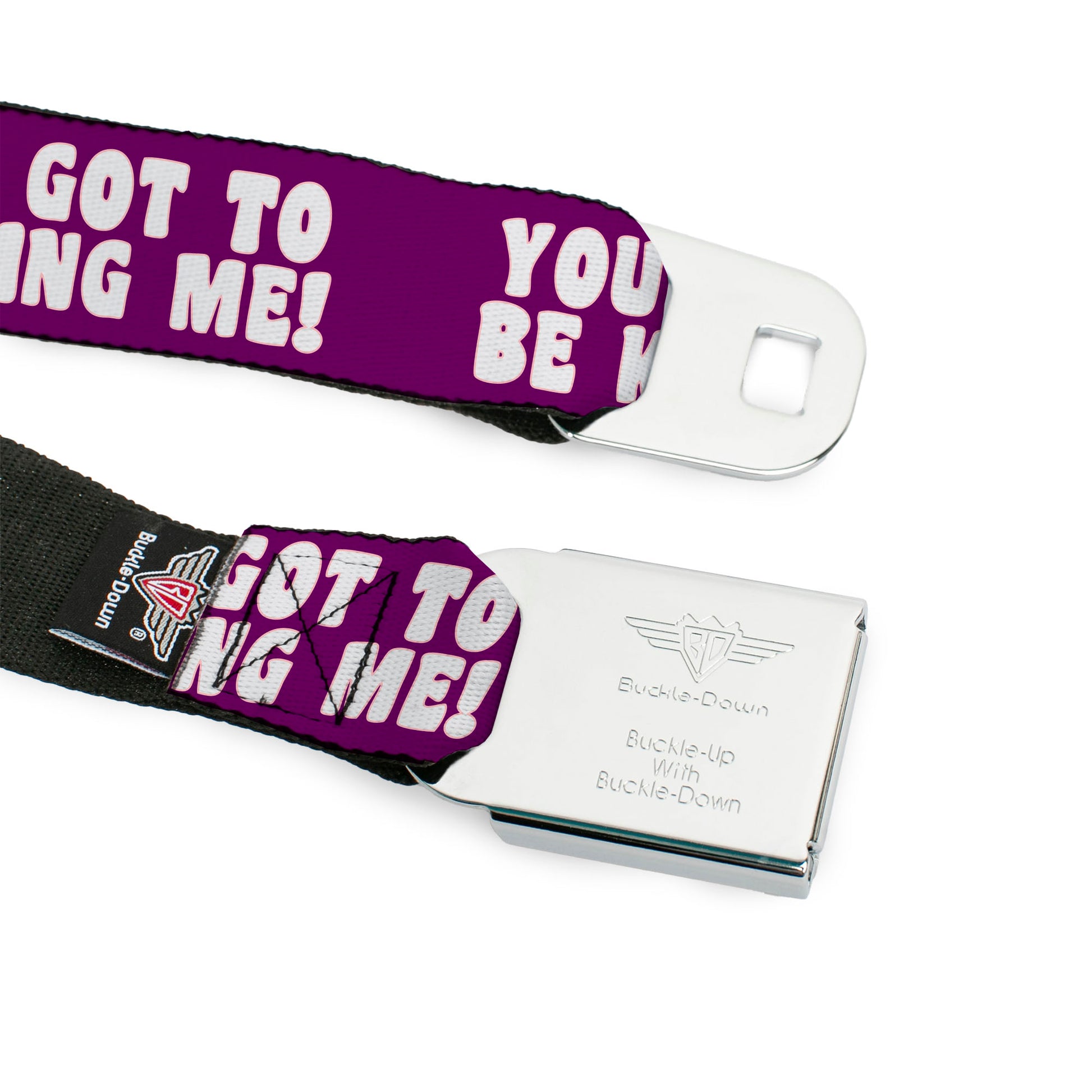 BD Wings Logo CLOSE-UP Full Color Black Silver Seatbelt Belt - YOU'VE GOT TO BE KIDDING ME! Purple/White Webbing Seatbelt Belts Buckle-Down