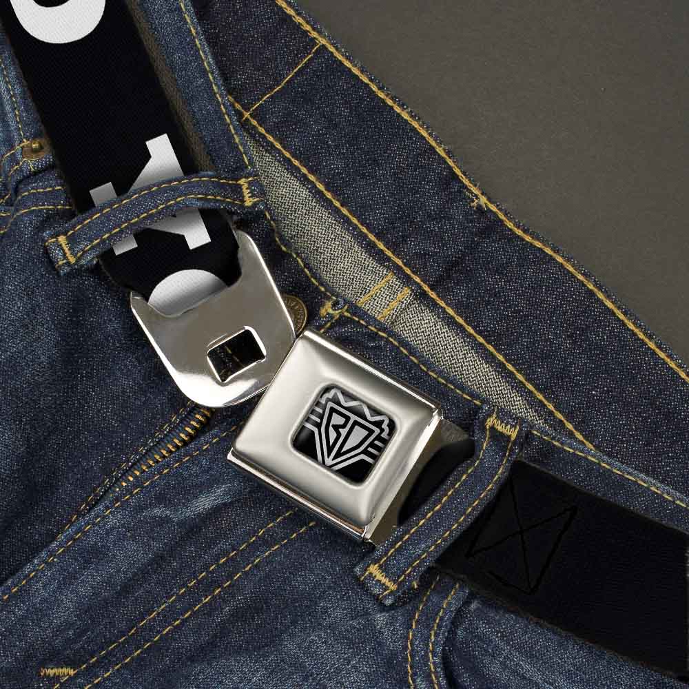 BD Wings Logo CLOSE-UP Full Color Black Silver Seatbelt Belt - YOLO Bold Black/White Webbing Seatbelt Belts Buckle-Down